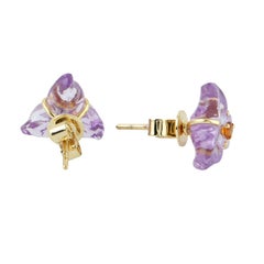 Carved Amethyst Citrine 18 Karat Gold Flower Stud Earrings