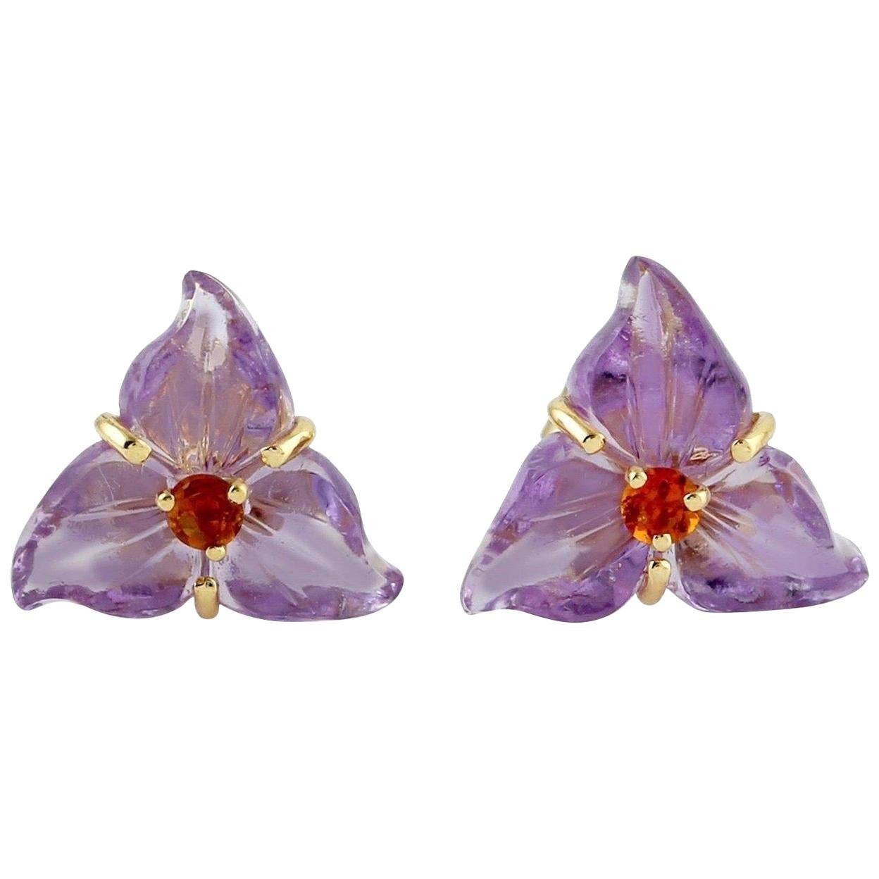 Carved Amethyst Citrine 18 Karat Gold Flower Stud Earrings