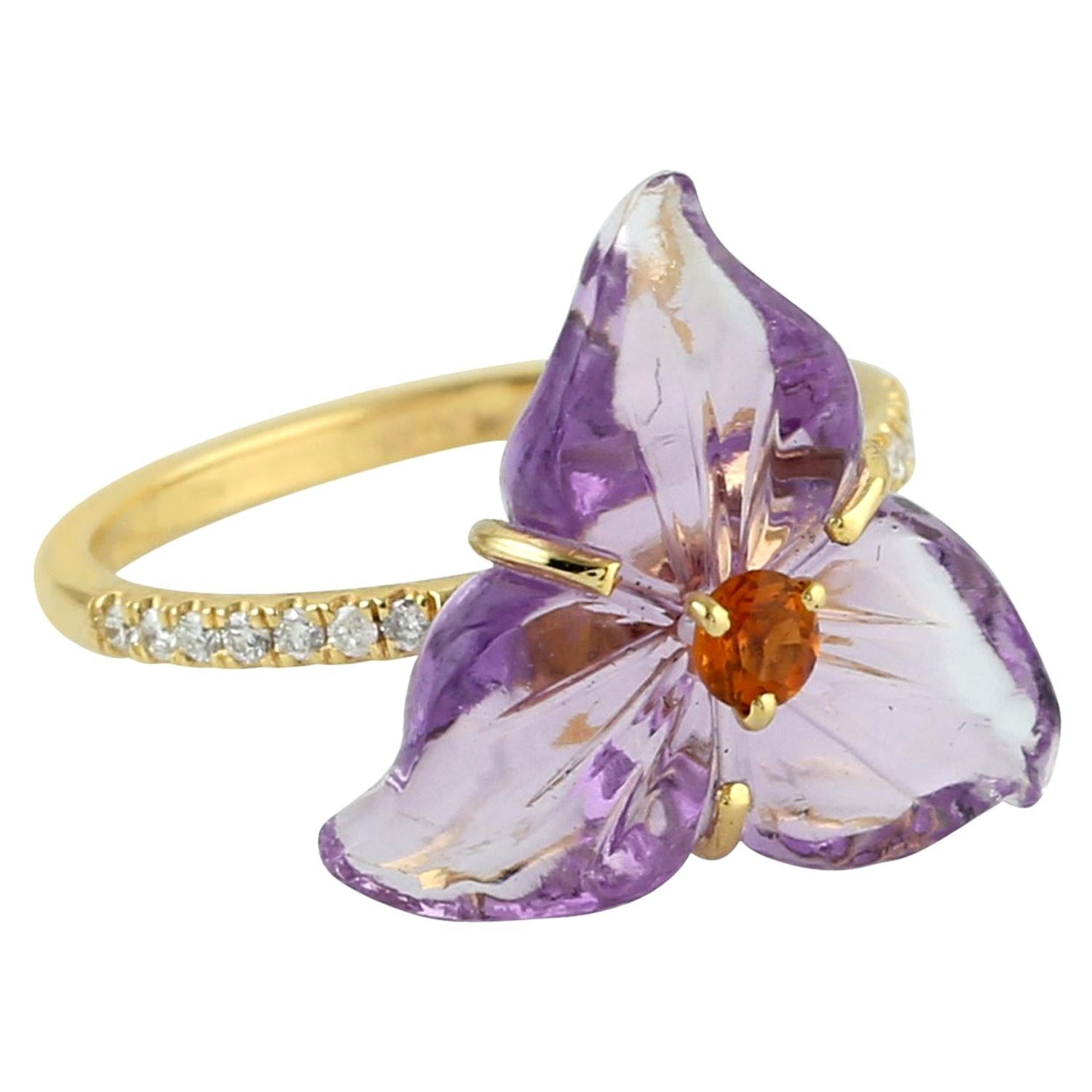 For Sale:  Carved Amethyst Citrine Diamond 18 Karat Gold Flower Ring