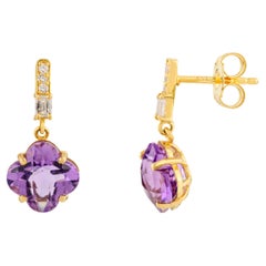 Carved Amethyst Clover Dangle Drop Earrings for Her in 14k Solid Yellow Gold