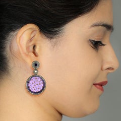 Carved Amethyst Dangle Earrings with Pave Diamonds Made in 18k Gold & Silver