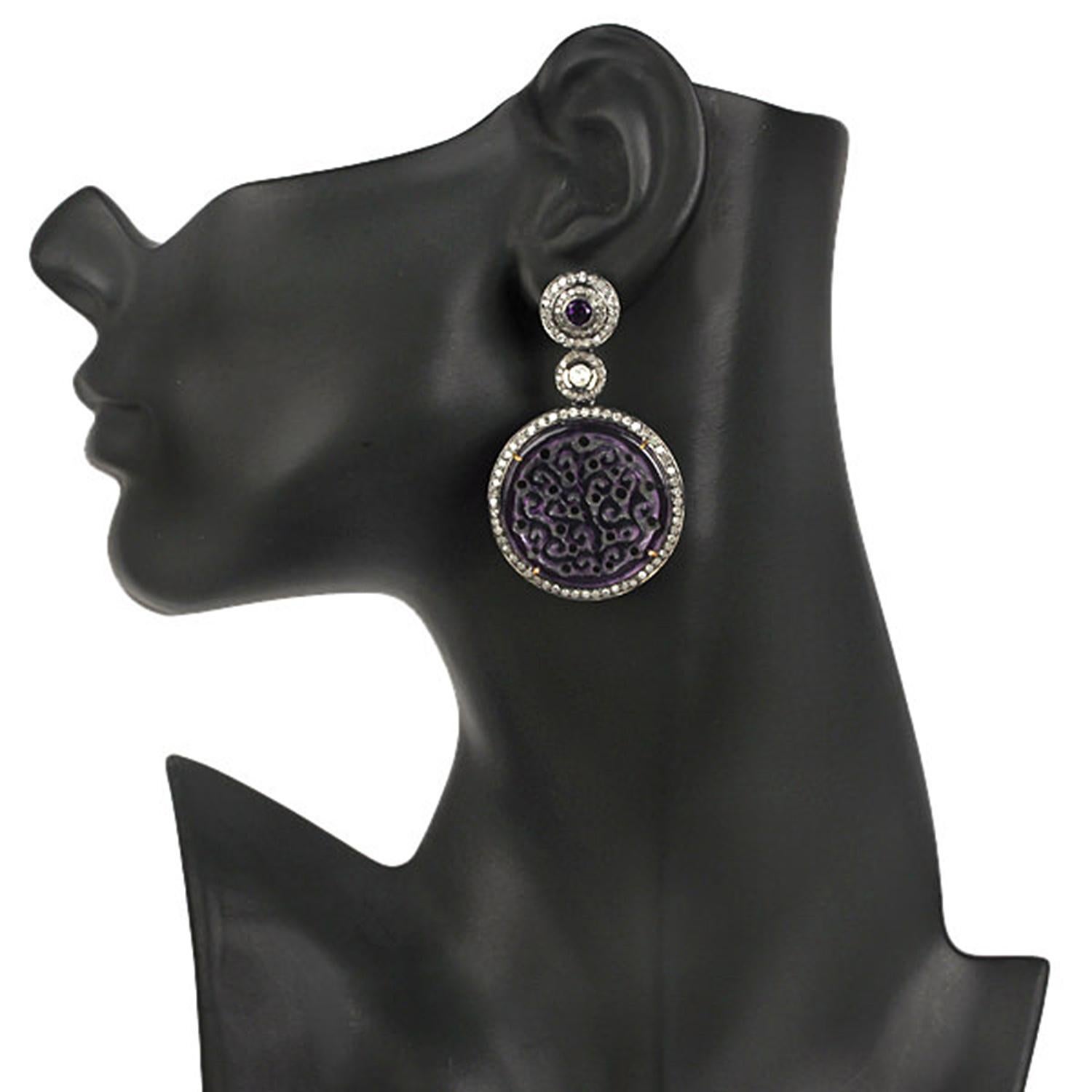 Artisan Carved Amethyst Dangle Earrings with Pave Diamonds Made in 18k Gold & Silver For Sale