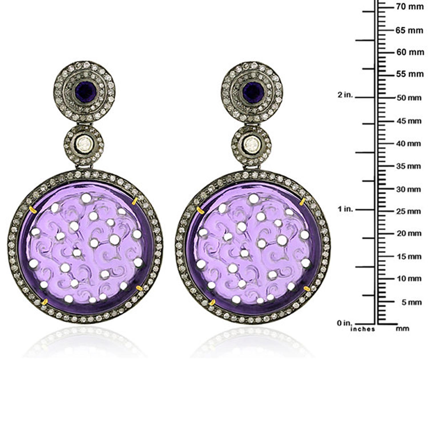 Mixed Cut Carved Amethyst Dangle Earrings with Pave Diamonds Made in 18k Gold & Silver For Sale