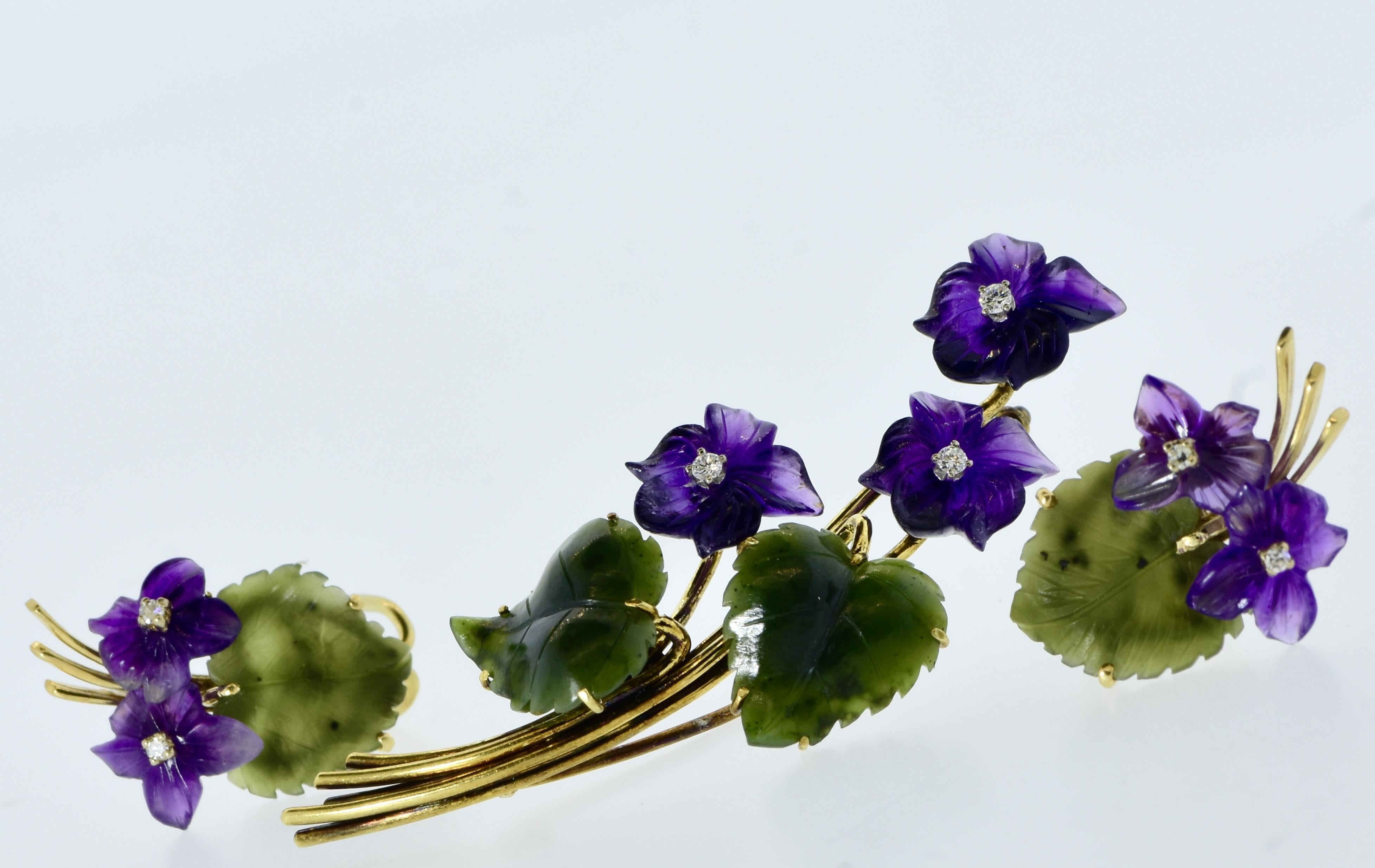 Carved Amethyst, Diamond, Nephrite Jade & Gold Earrings & Brooch Vintage Set 4