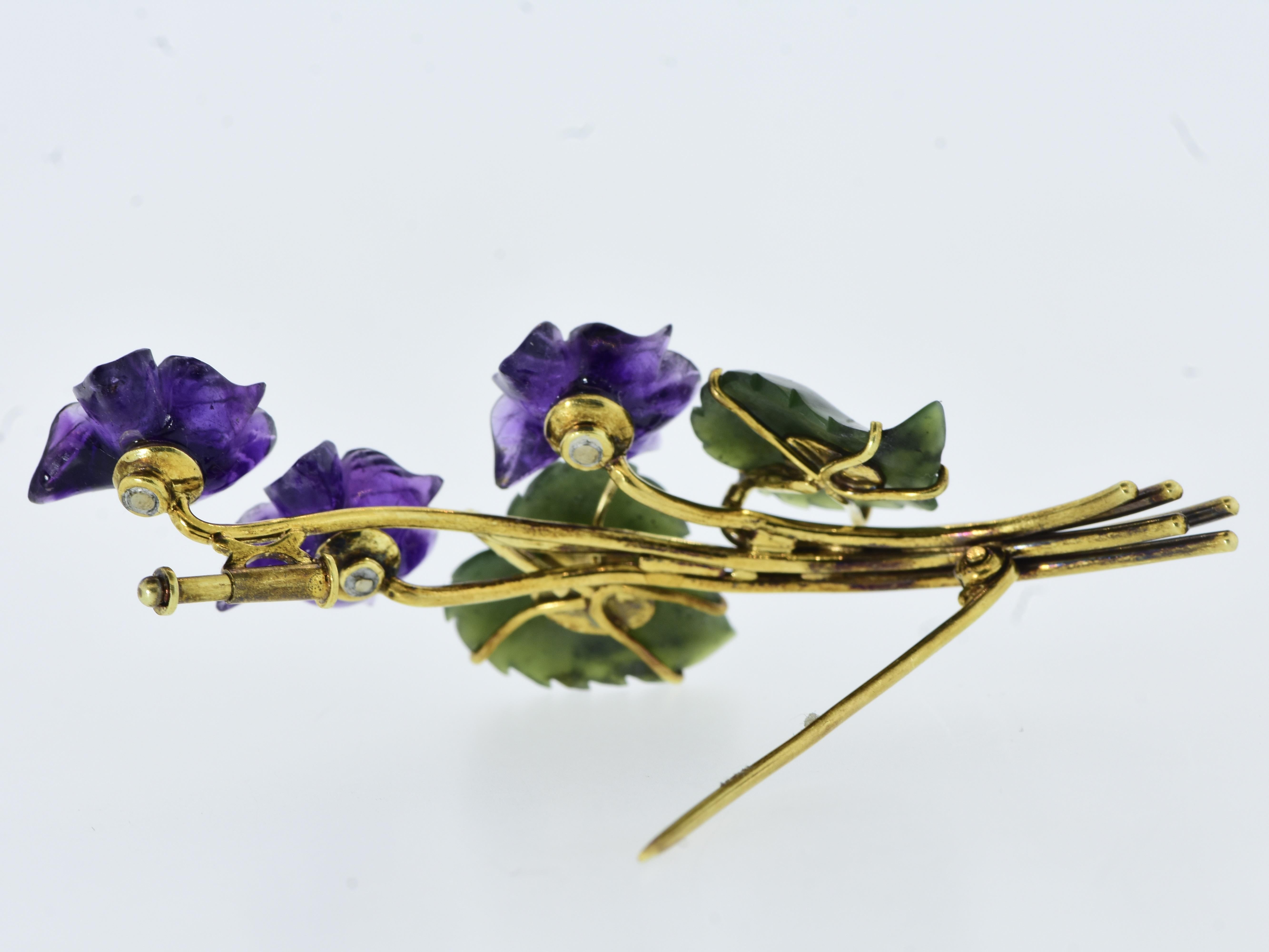 Carved Amethyst, Diamond, Nephrite Jade & Gold Earrings & Brooch Vintage Set 5