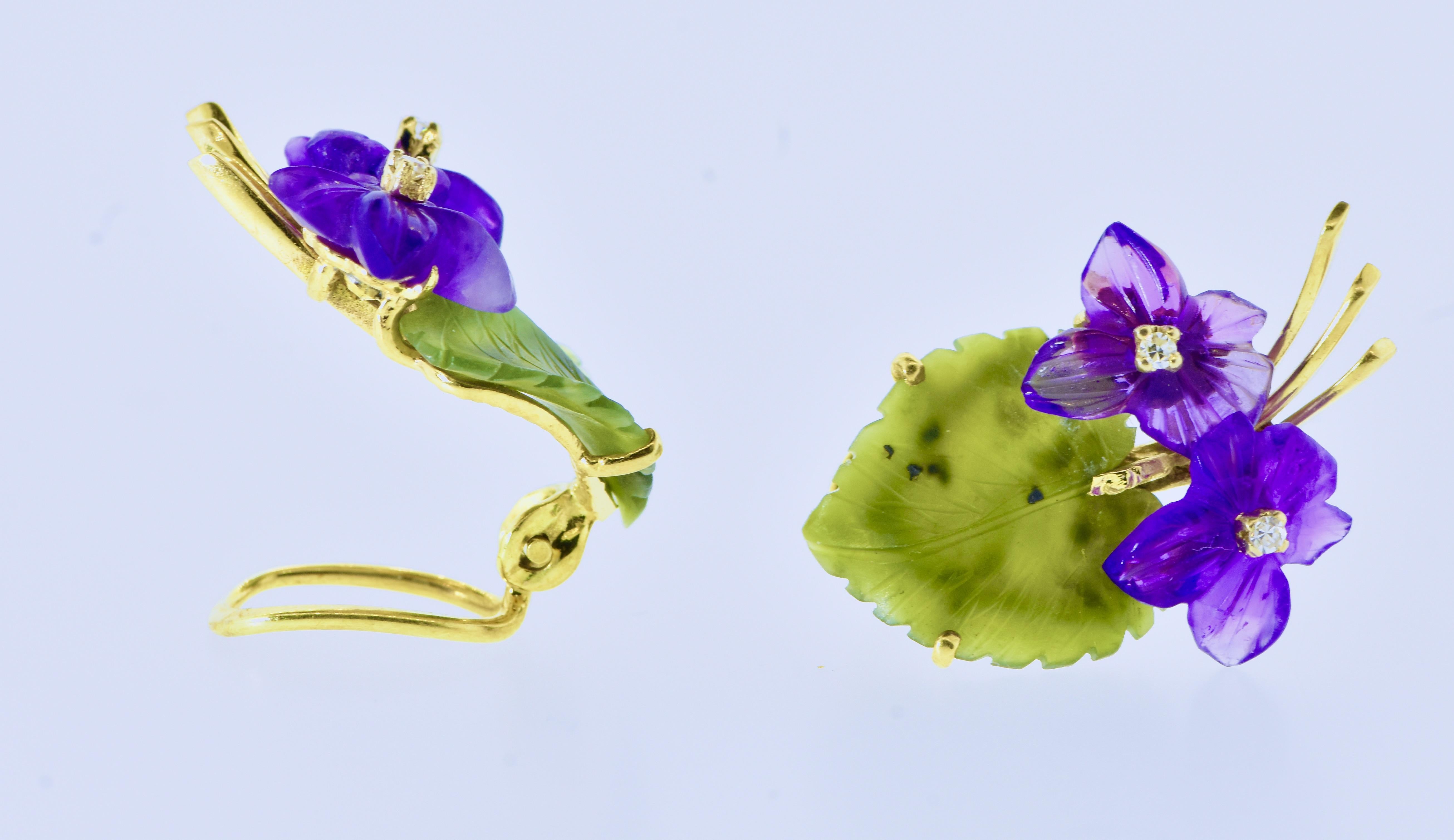 Carved Amethyst, Diamond, Nephrite Jade & Gold Earrings & Brooch Vintage Set 6