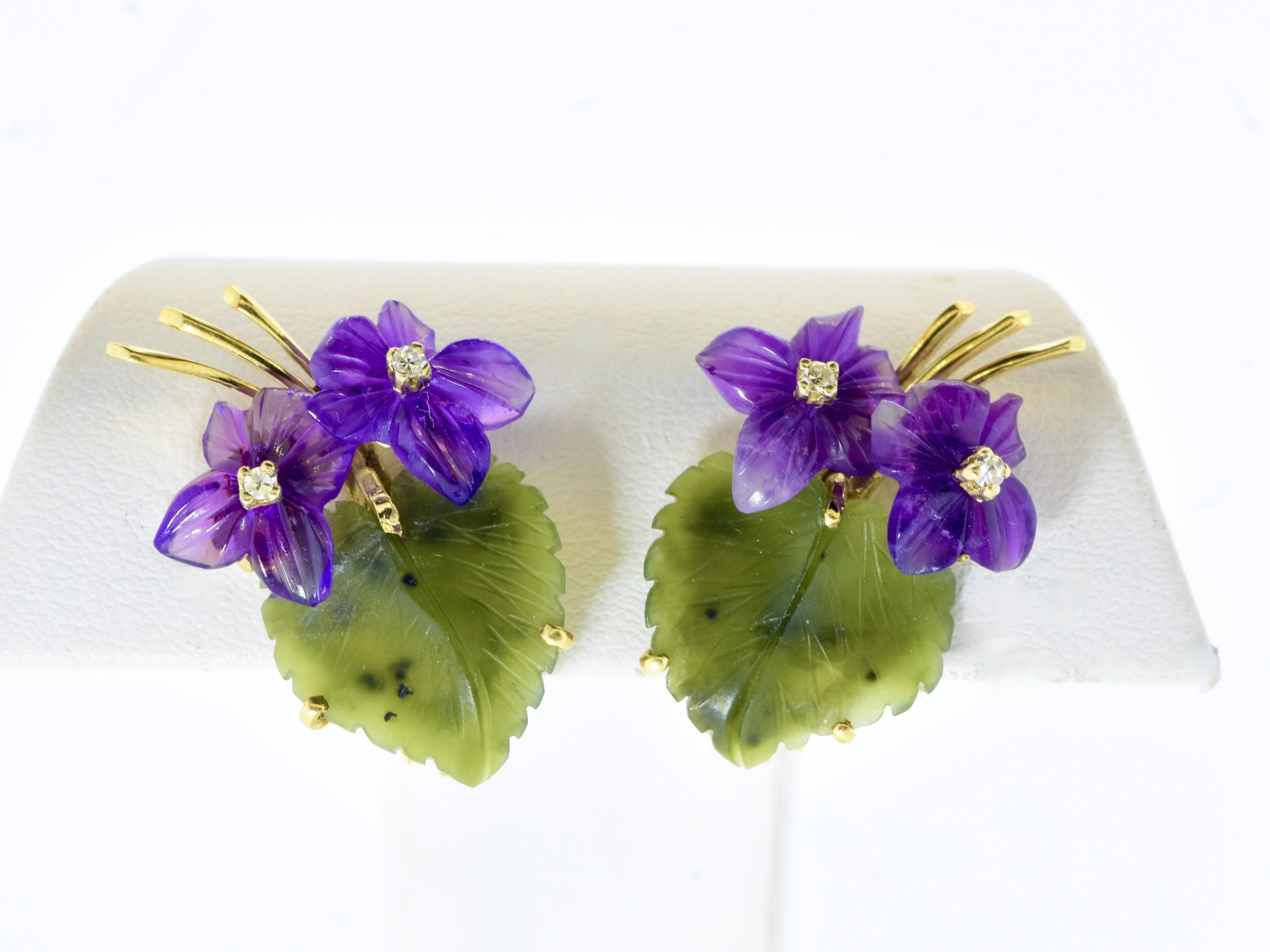 Carved Amethyst, Diamond, Nephrite Jade & Gold Earrings & Brooch Vintage Set 7