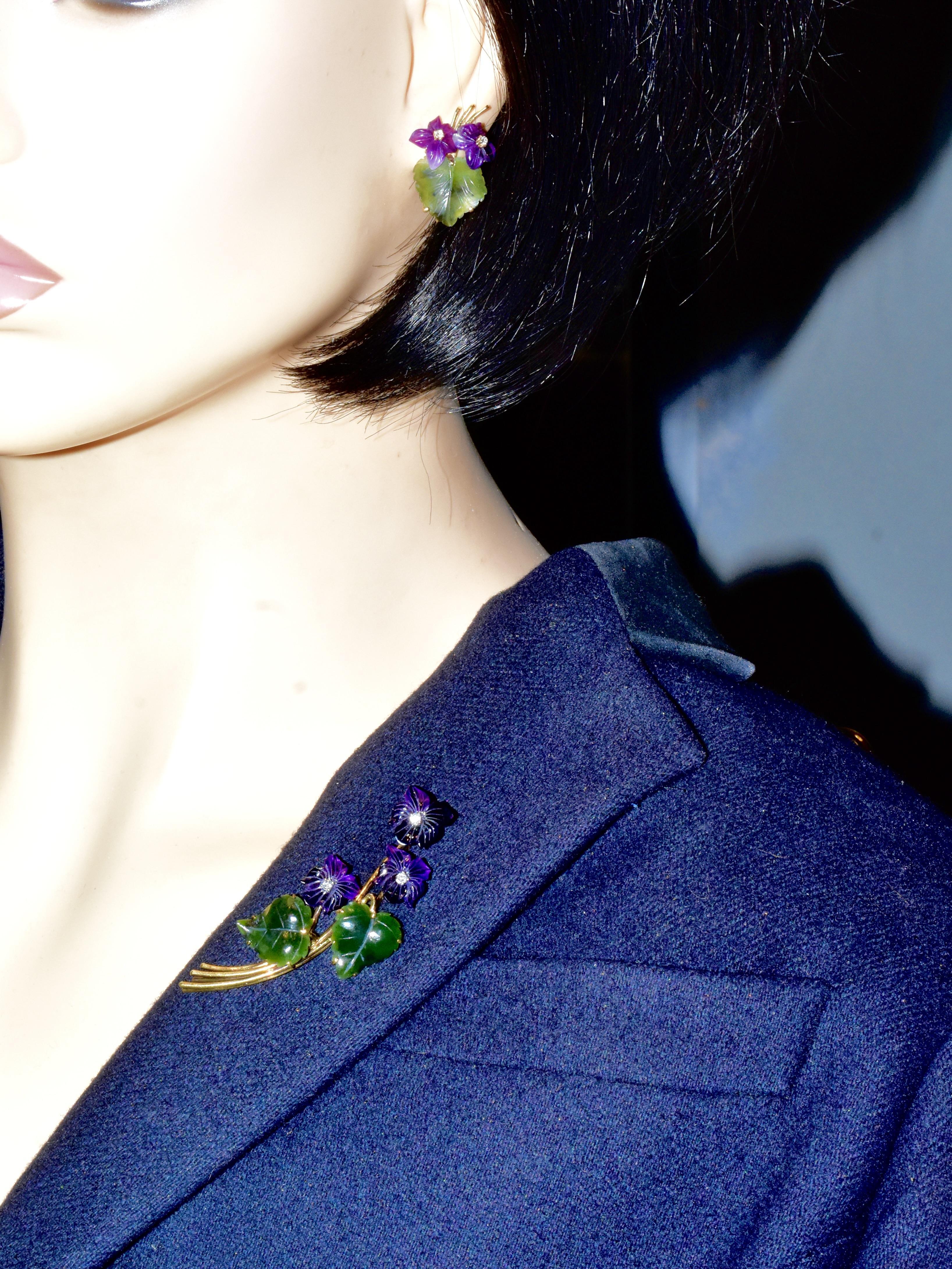 Retro Carved Amethyst, Diamond, Nephrite Jade & Gold Earrings & Brooch Vintage Set