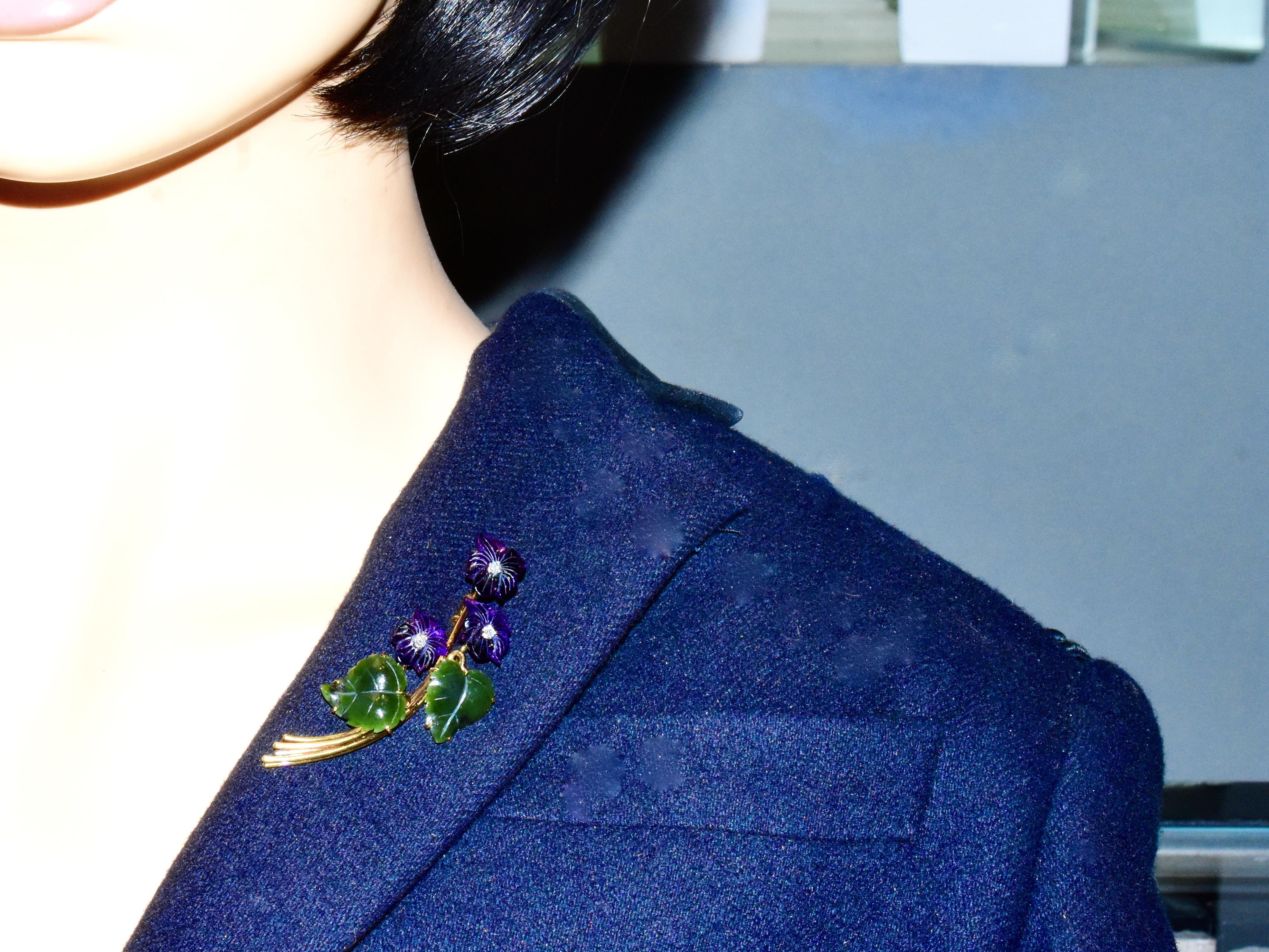 Brilliant Cut Carved Amethyst, Diamond, Nephrite Jade & Gold Earrings & Brooch Vintage Set