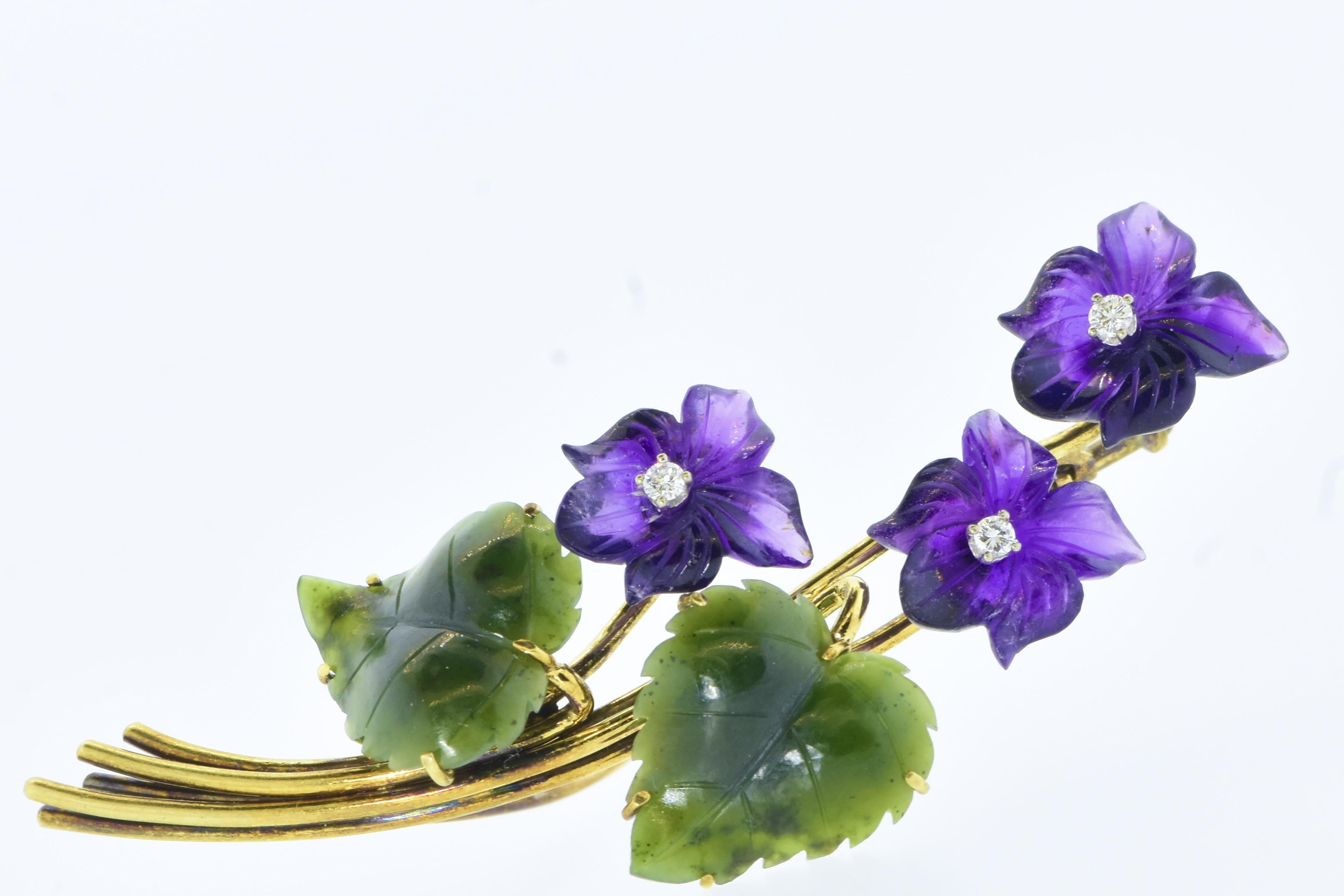 Carved Amethyst, Diamond, Nephrite Jade & Gold Earrings & Brooch Vintage Set 1