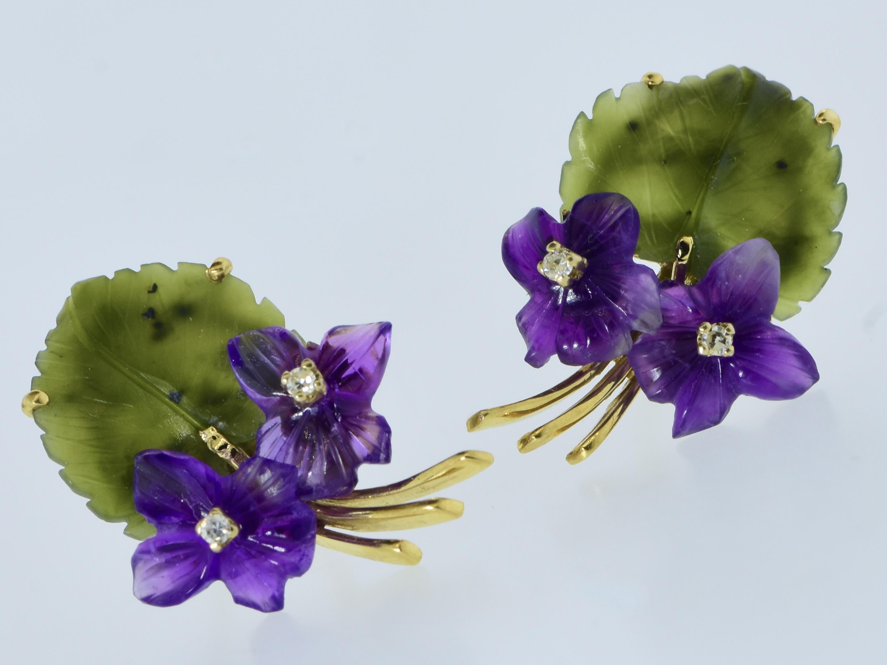 Carved Amethyst, Diamond, Nephrite Jade & Gold Earrings & Brooch Vintage Set 2