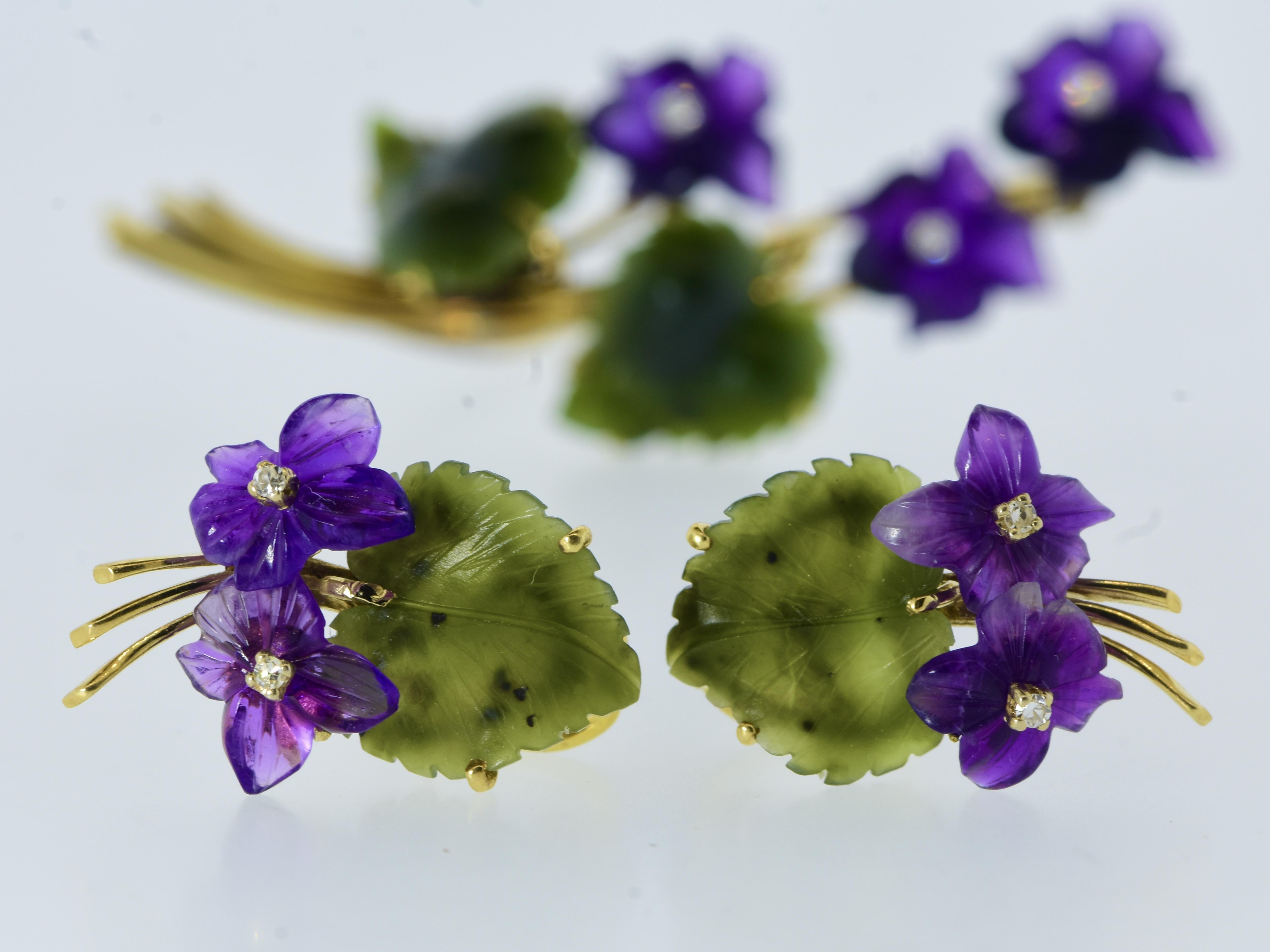 Carved Amethyst, Diamond, Nephrite Jade & Gold Earrings & Brooch Vintage Set 3