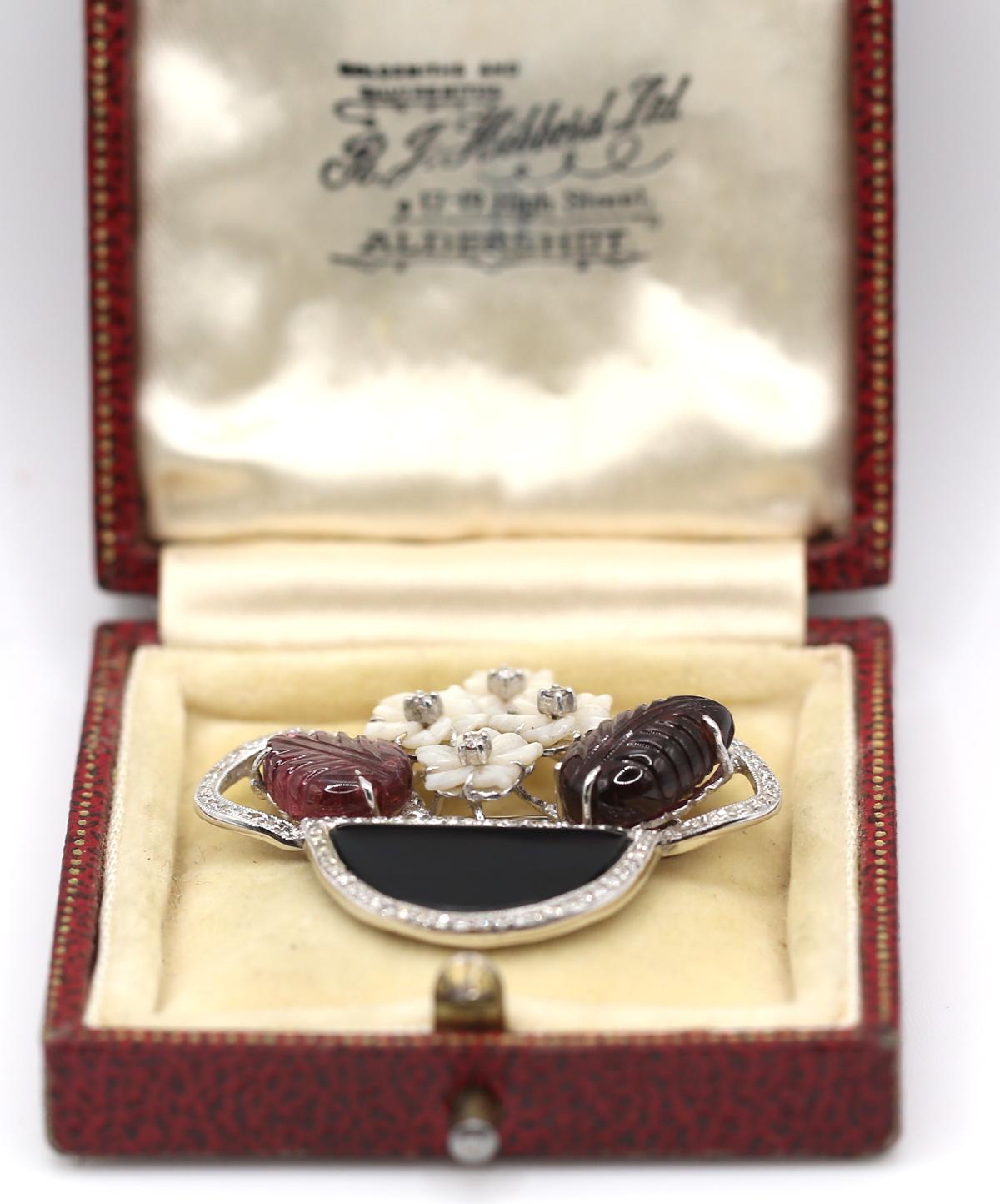Amatista tallada Diamantes Ónice Nácar Broche Flor Caja de oro de 18 quilates, 1930 3