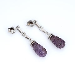 Carved Amethyst Earrings Diamond Estate 18k White Gold Long Pendant Drops