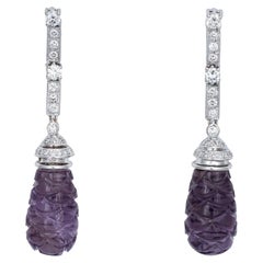 Carved Amethyst Earrings Diamond Estate 18k White Gold Long Pendant Drops