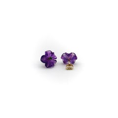 Carved Amethyst Flower Earrings with Tsavorite Garnet and 14k Gold Mount