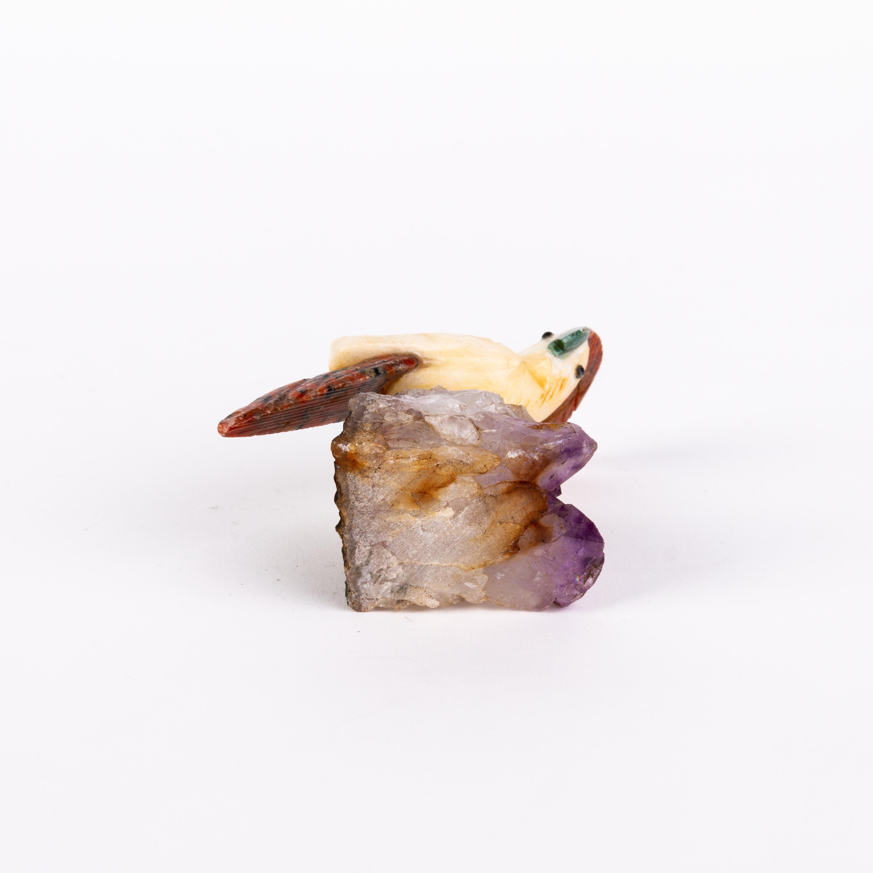 20th Century Carved Amethyst Gemstone Geode Hardstone Exotic Parakeet Bird Sculpture