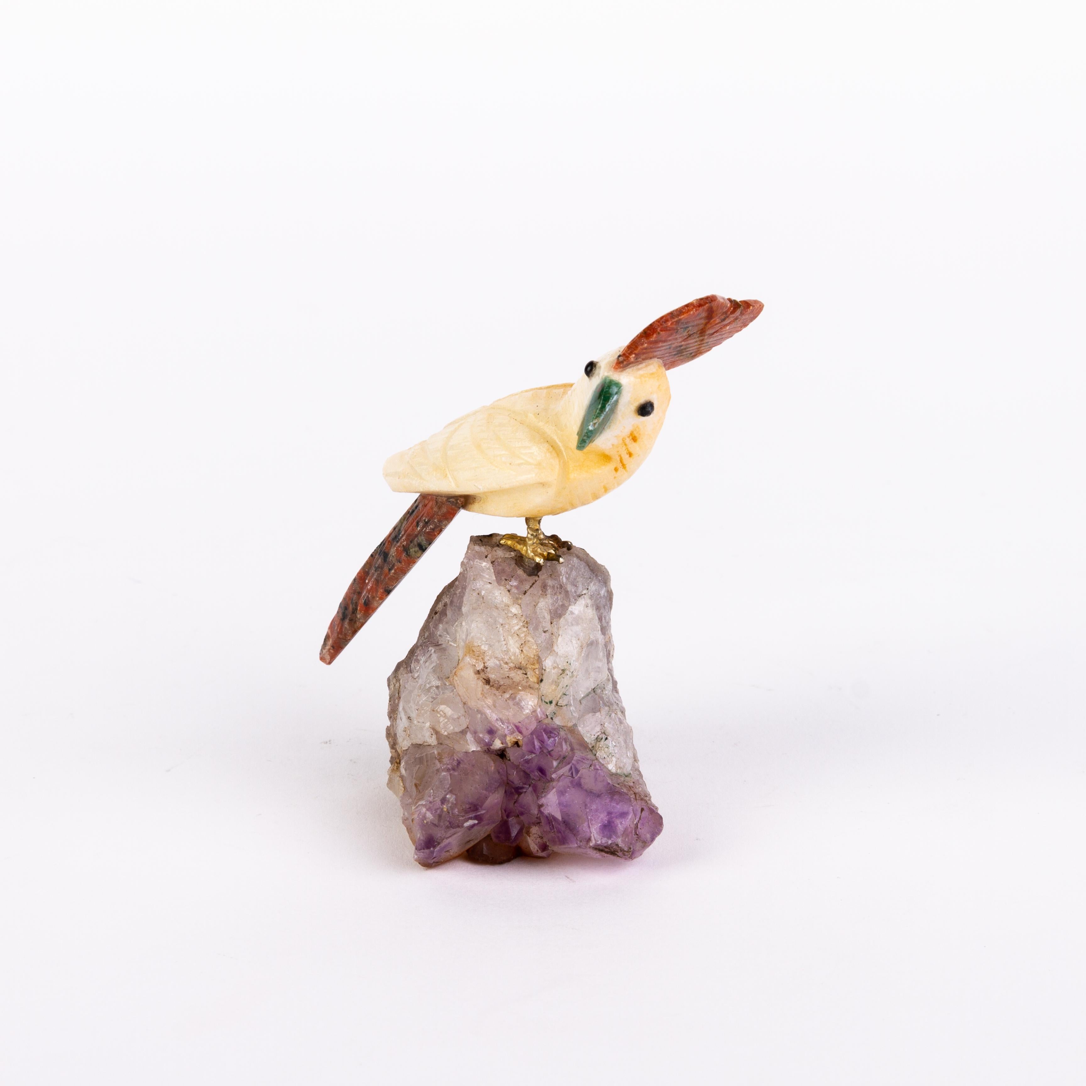 Multi-gemstone Carved Amethyst Gemstone Geode Hardstone Exotic Parakeet Bird Sculpture