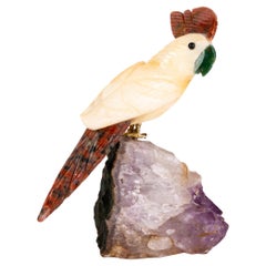 Vintage Carved Amethyst Gemstone Geode Hardstone Exotic Parakeet Bird Sculpture 