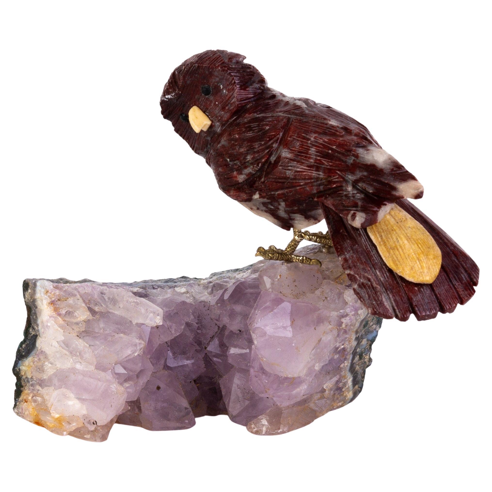 Carved Amethyst Gemstone Geode Hardstone Owl Sculpture  For Sale