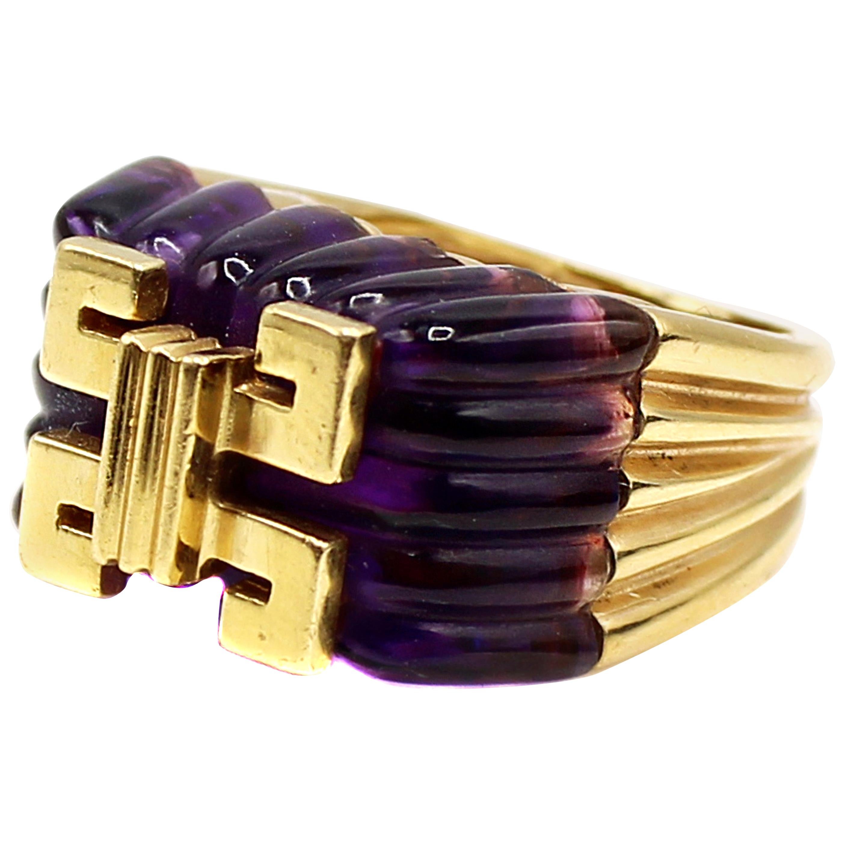 Carved Amethyst Gold Statement Ring