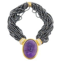 Carved Amethyst, Hematite Bead, and White Diamond Necklace