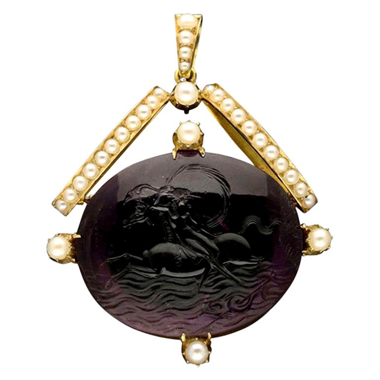 Carved Amethyst Intaglio Depicting Neptune Carrying Medusa Gold Pendant