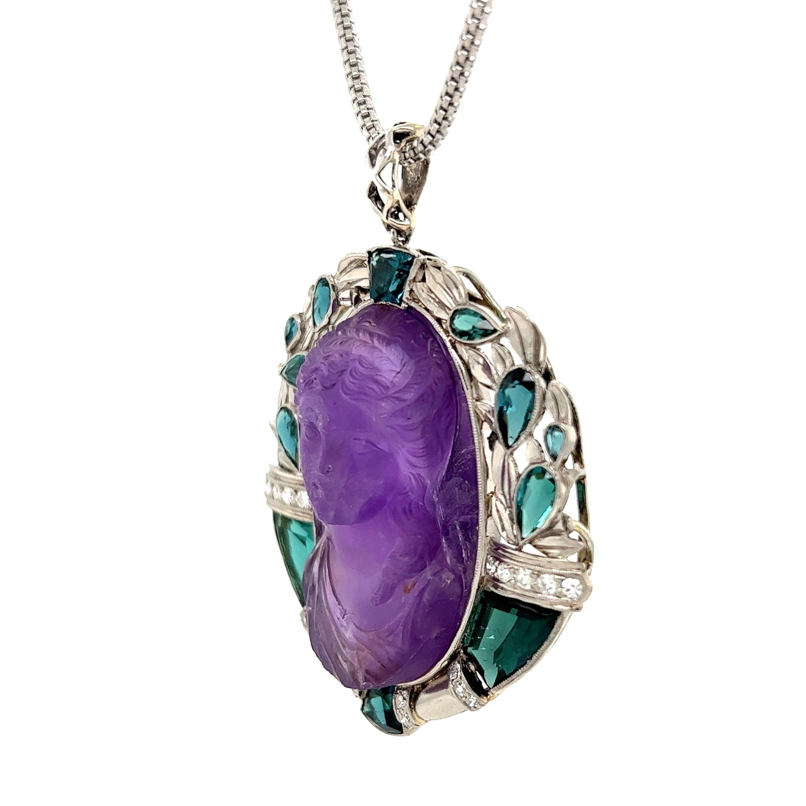 Mixed Cut Carved Amethyst Medallion, Tourmaline and Diamond Platinum Necklace Fine Jewelry For Sale
