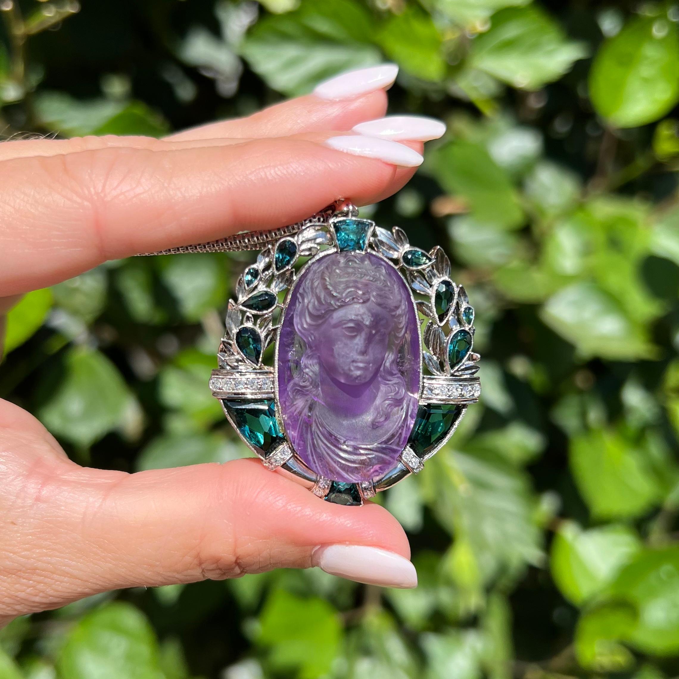 Carved Amethyst Medallion, Tourmaline and Diamond Platinum Necklace Fine Jewelry In Excellent Condition For Sale In Montreal, QC