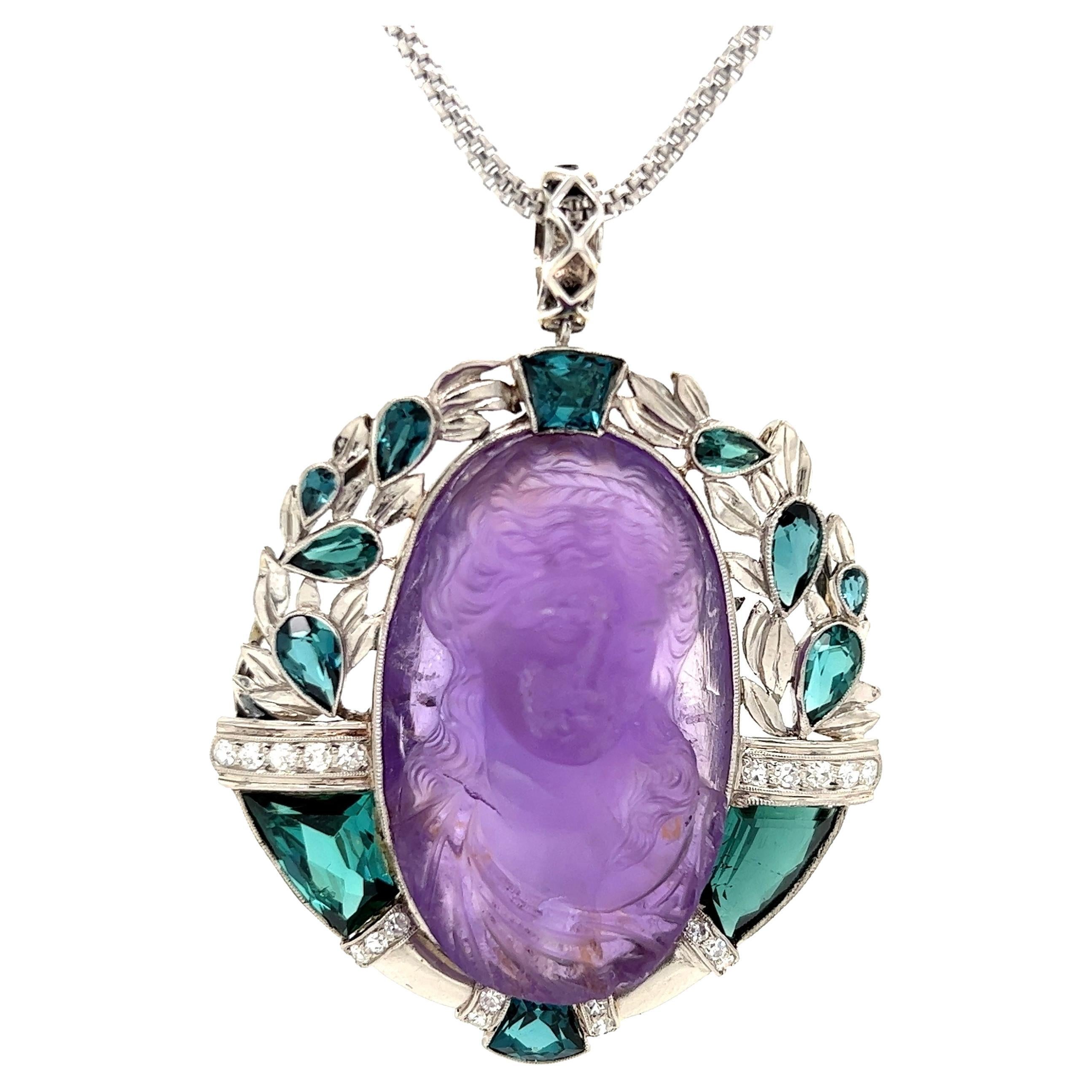 Carved Amethyst Medallion, Tourmaline and Diamond Platinum Necklace Fine Jewelry For Sale