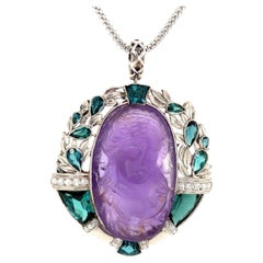 Antique Carved Amethyst Medallion, Tourmaline and Diamond Platinum Necklace Fine Jewelry