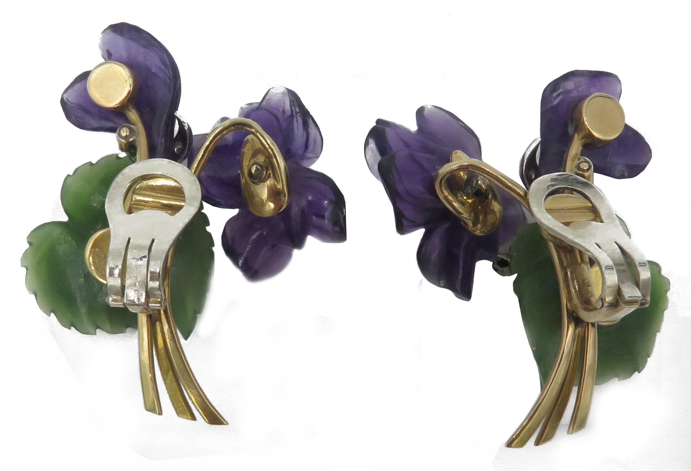 Carved Amethyst Nephrite and Diamond Violet Flower Earring and Brooch Suite Set In Excellent Condition In West Palm Beach, FL