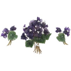 Carved Amethyst Nephrite and Diamond Violet Flower Earring and Brooch Suite Set