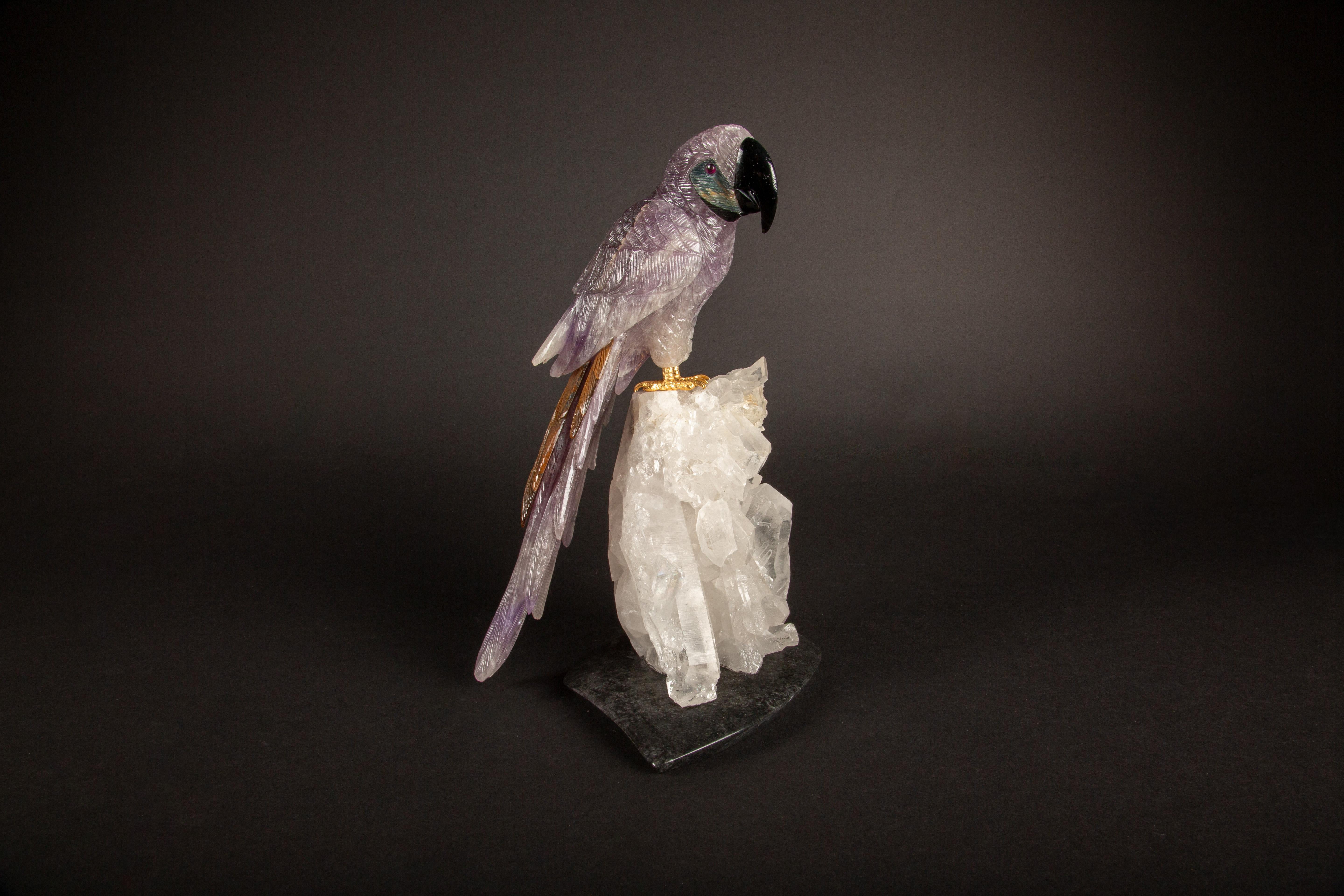 Carved Amethyst Parrot Mounted on an Rock Crystal Cluster 10.5