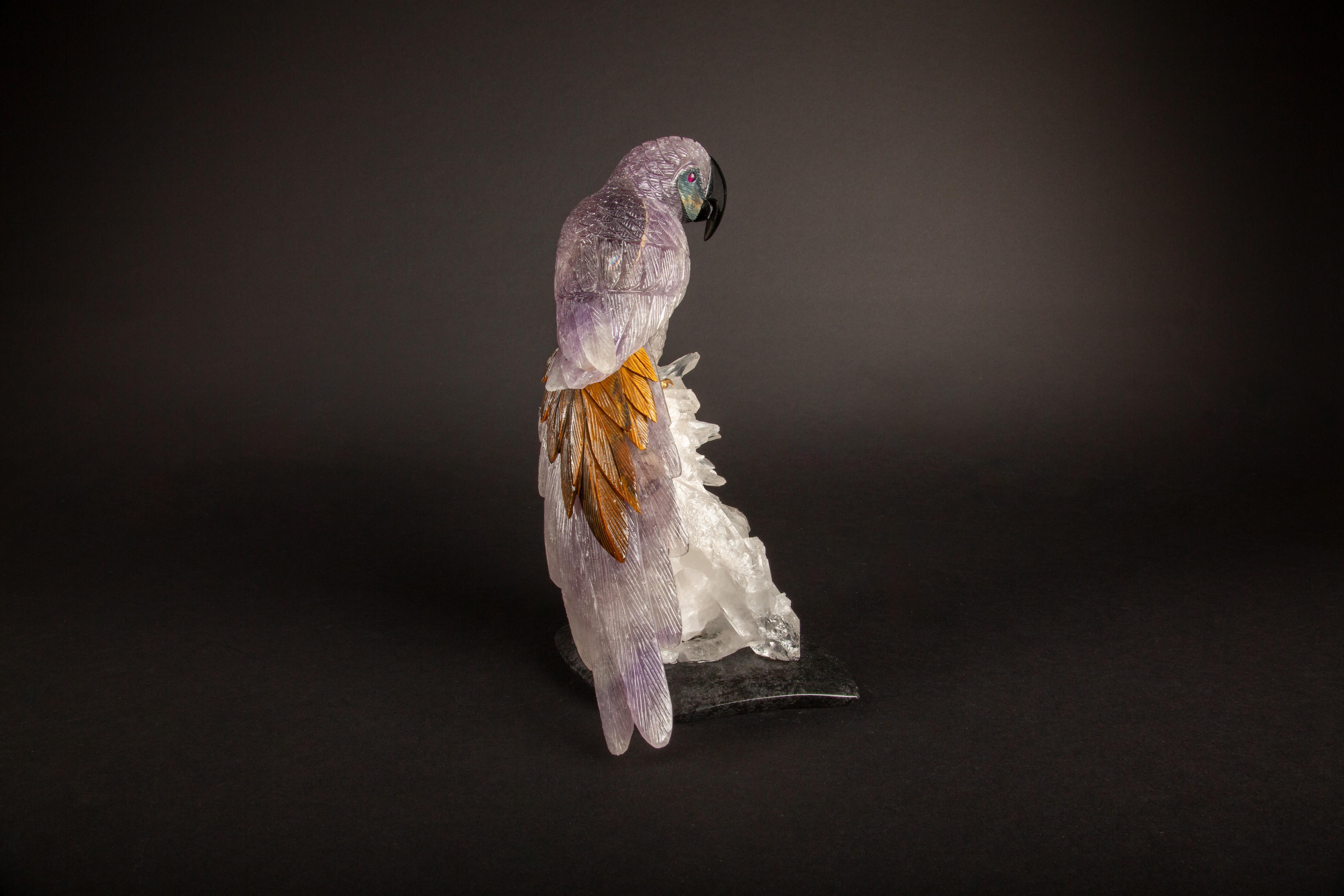 Contemporary Carved Amethyst Parrot Mounted on an Rock Crystal Cluster 10.5
