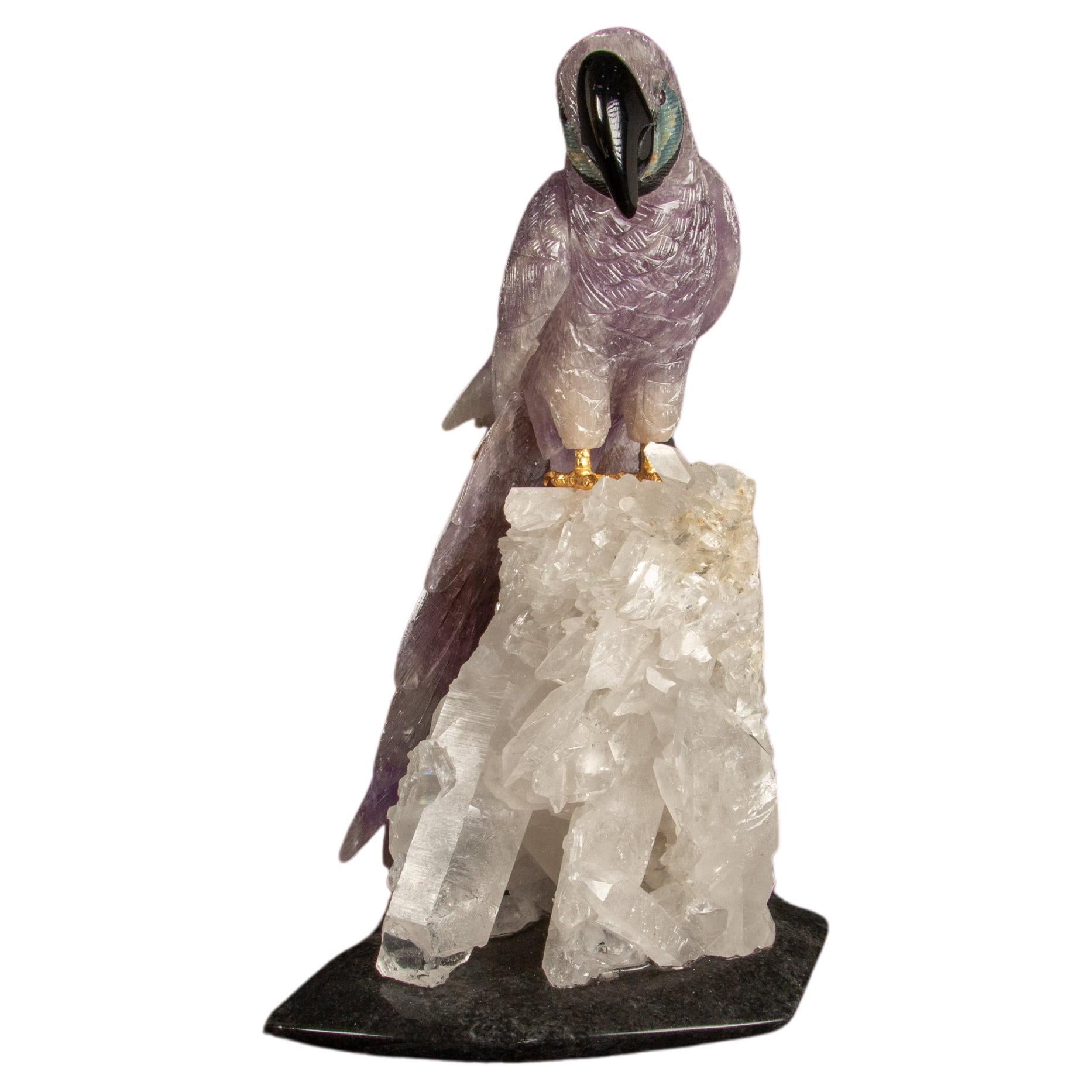 Carved Amethyst Parrot Mounted on an Rock Crystal Cluster 10.5"H For Sale