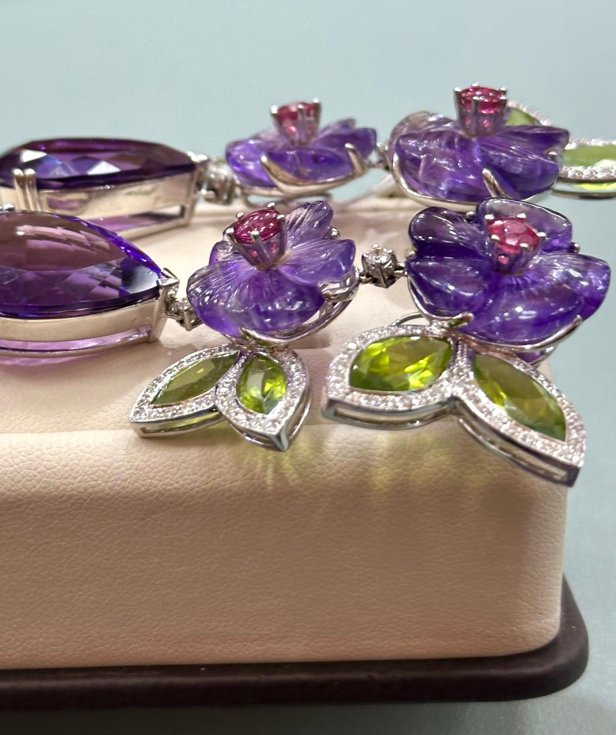Pear Cut Carved Amethyst Peridot and Diamond Dangling Earrings For Sale