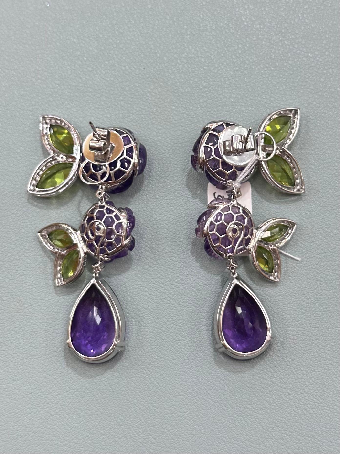 Carved Amethyst Peridot and Diamond Dangling Earrings In New Condition For Sale In New York, NY