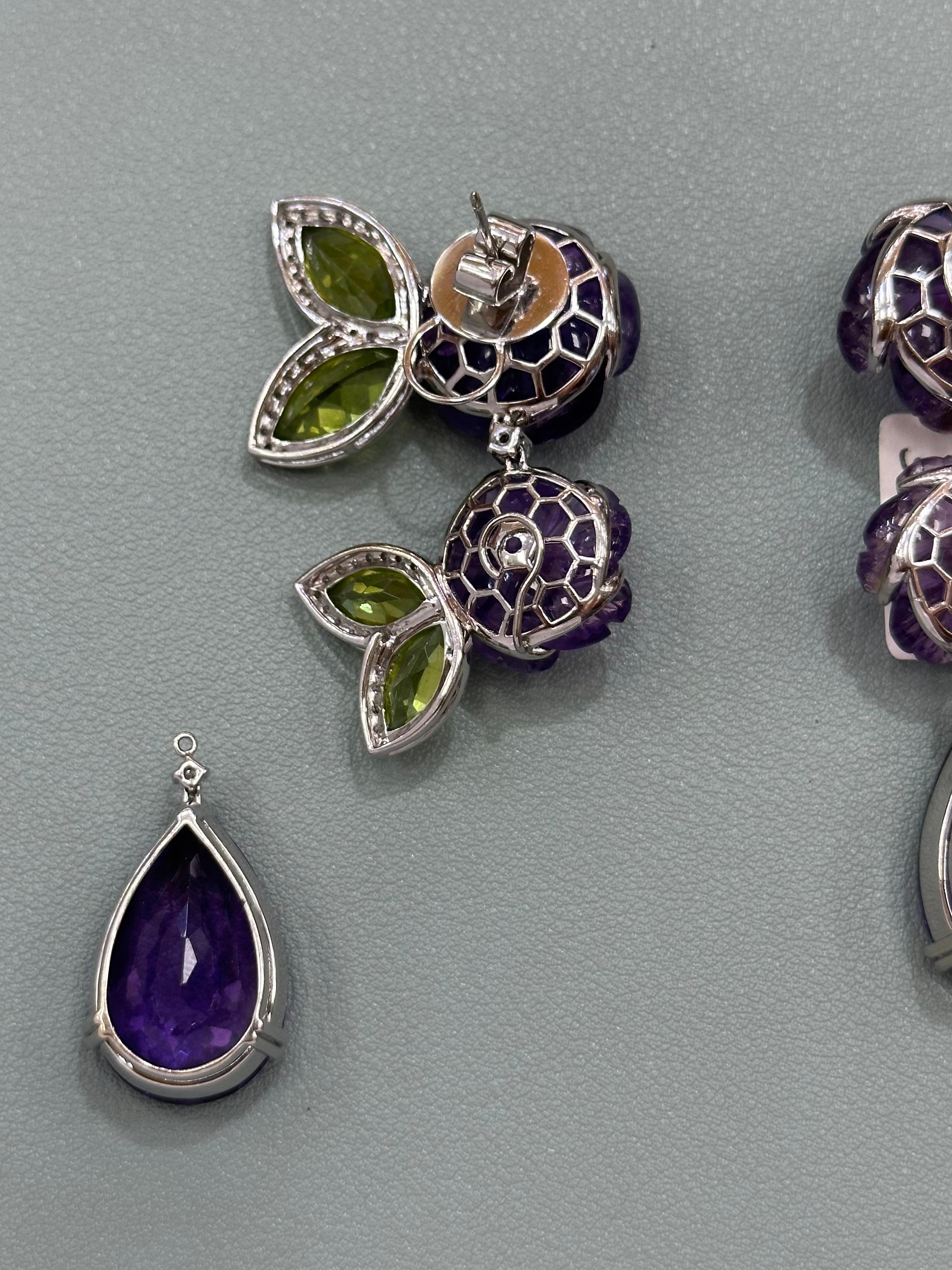 Women's or Men's Carved Amethyst Peridot and Diamond Dangling Earrings For Sale