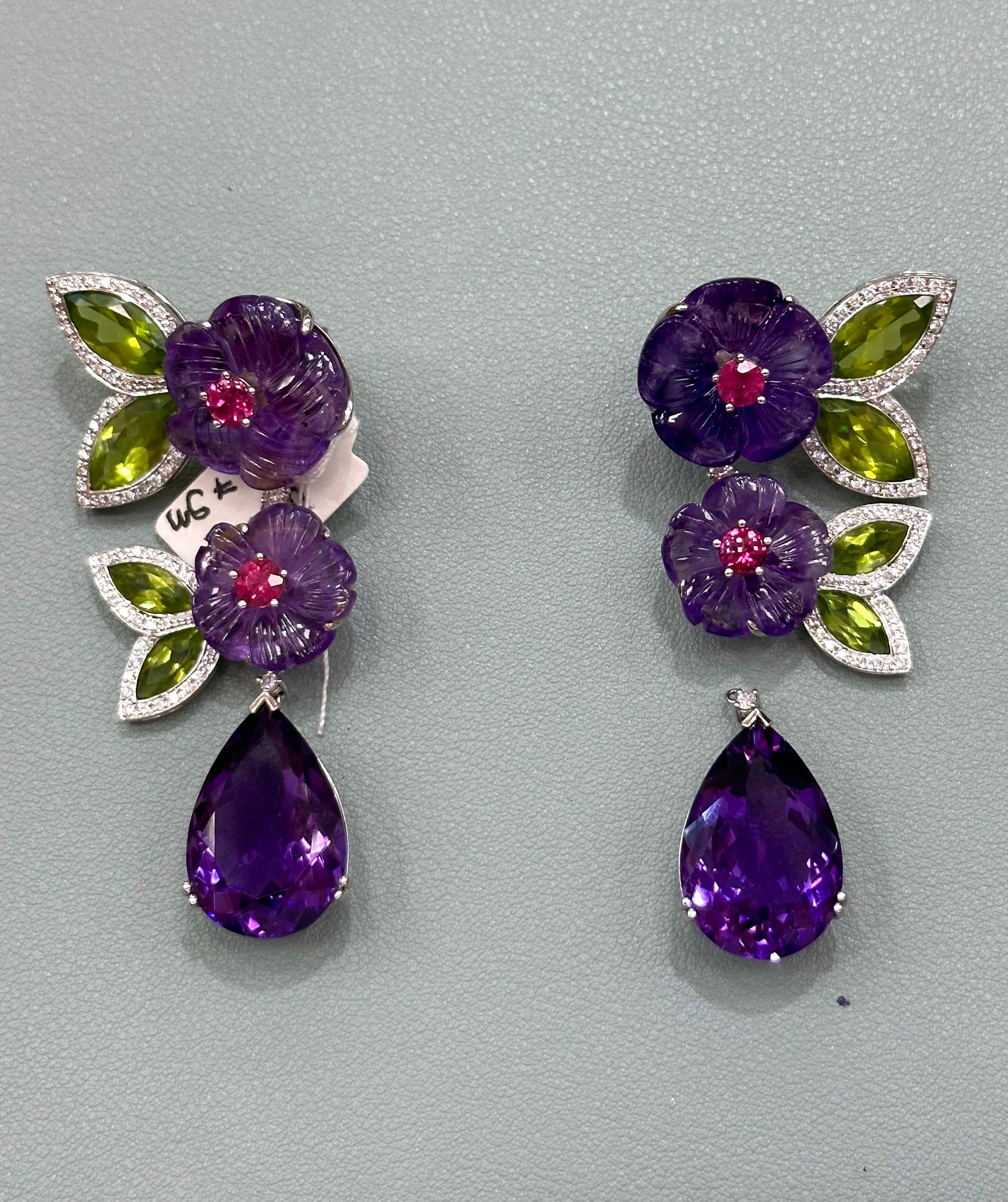 Carved Amethyst Peridot and Diamond Dangling Earrings For Sale 1