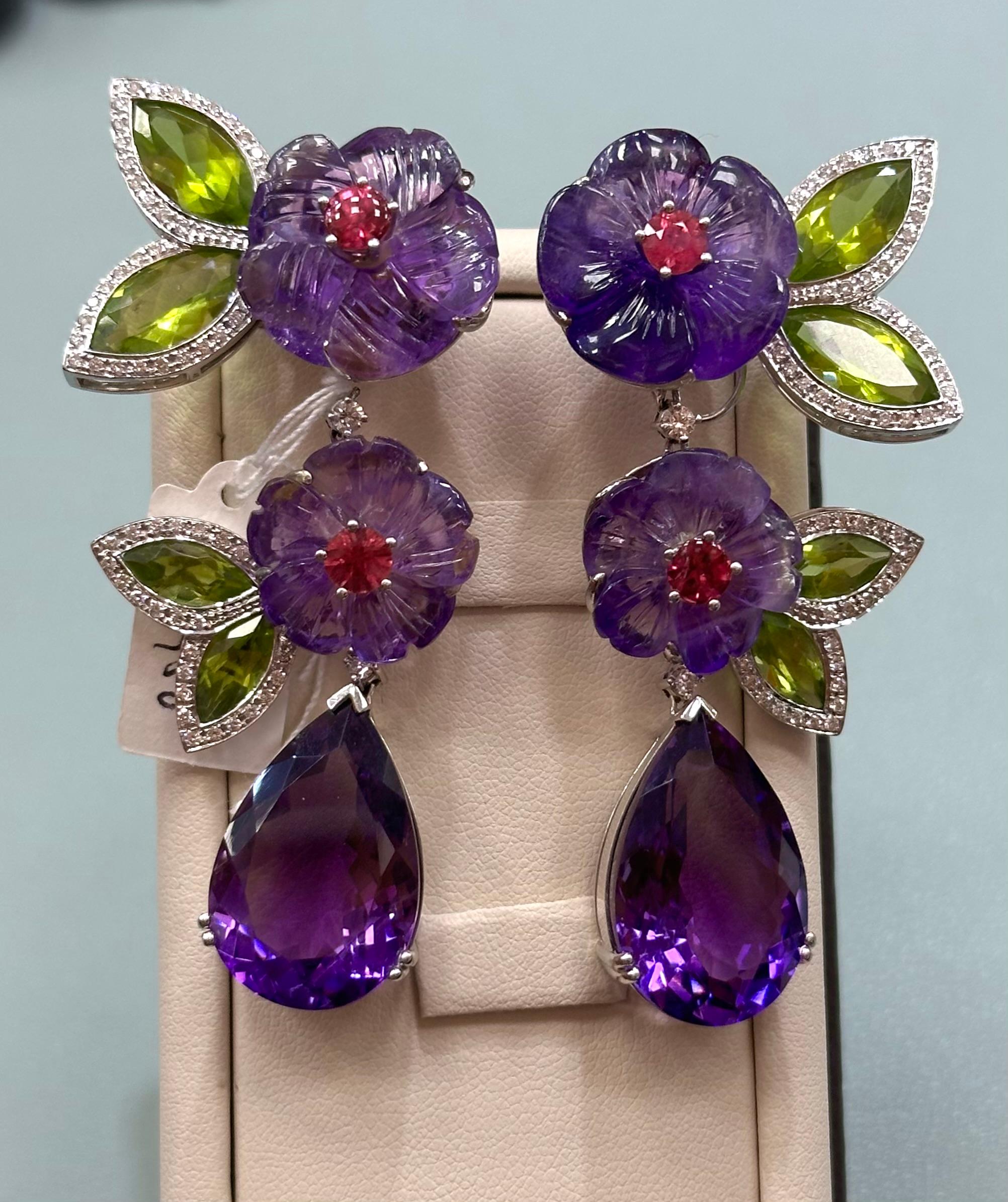 Carved Amethyst Peridot and Diamond Dangling Earrings For Sale 2