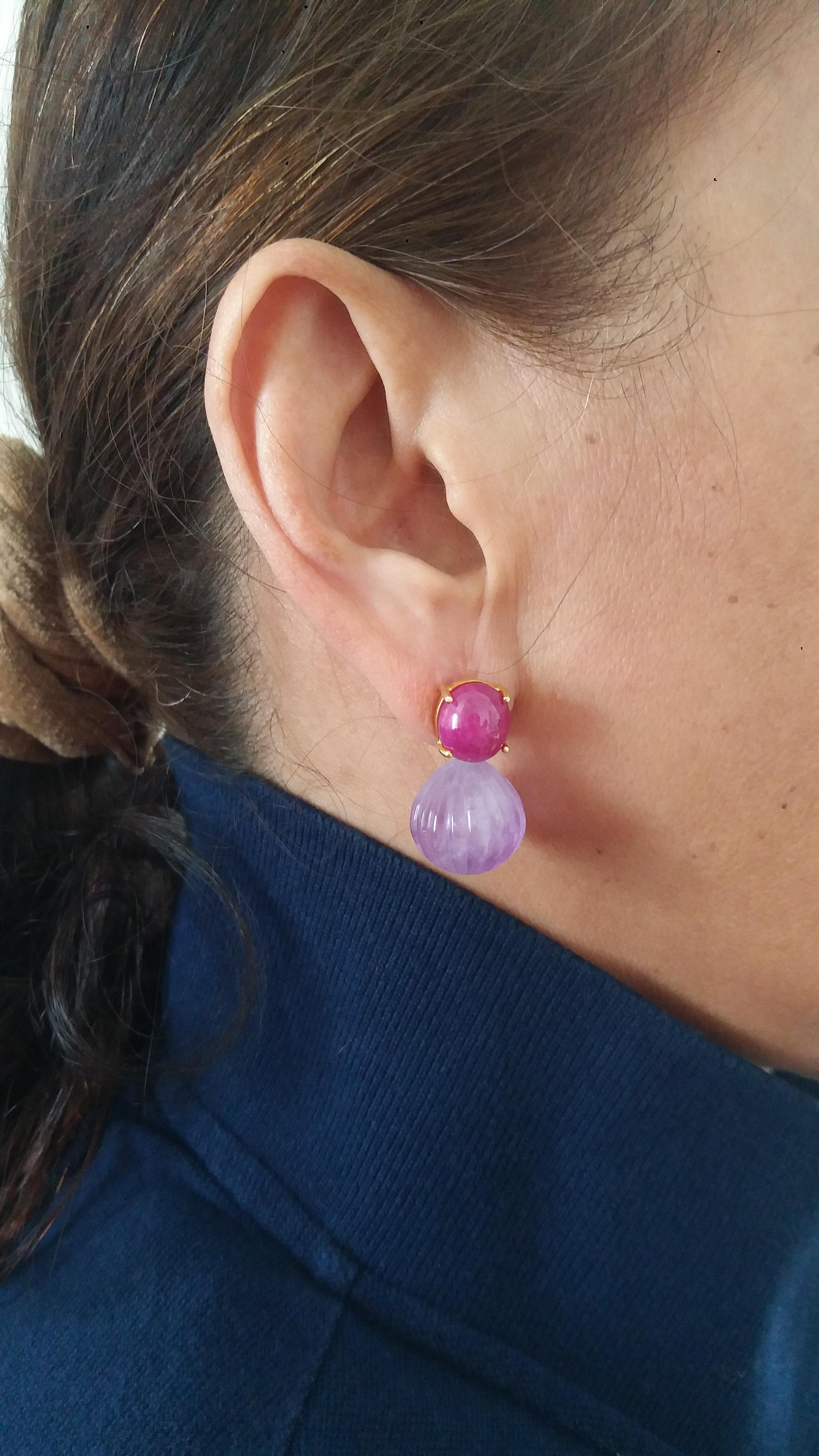 Carved Amethyst Round Drops Ruby Cabochons 14 Karat Solid Yellow Gold Earrings 5