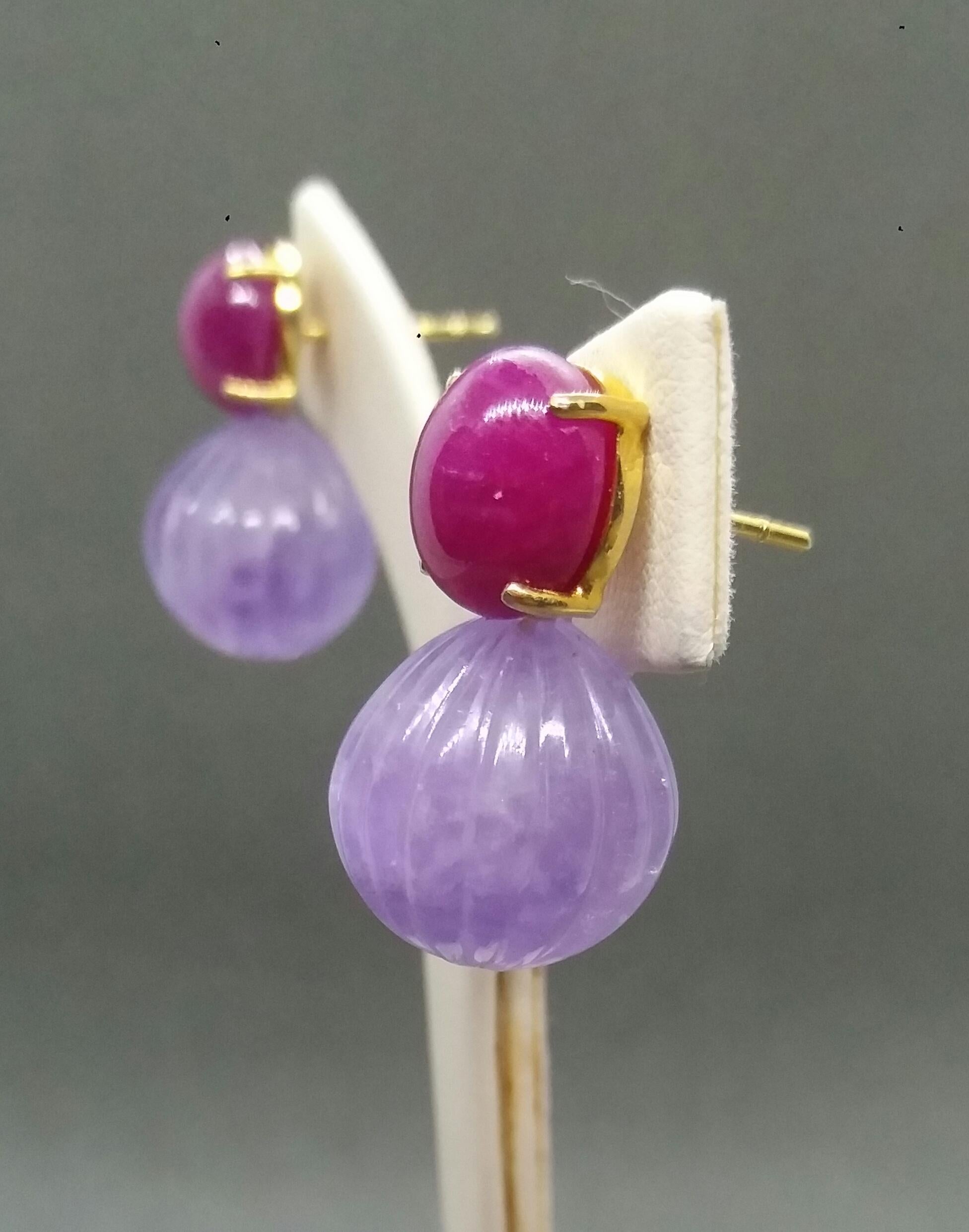 Carved Amethyst Round Drops Ruby Cabochons 14 Karat Solid Yellow Gold Earrings For Sale 1