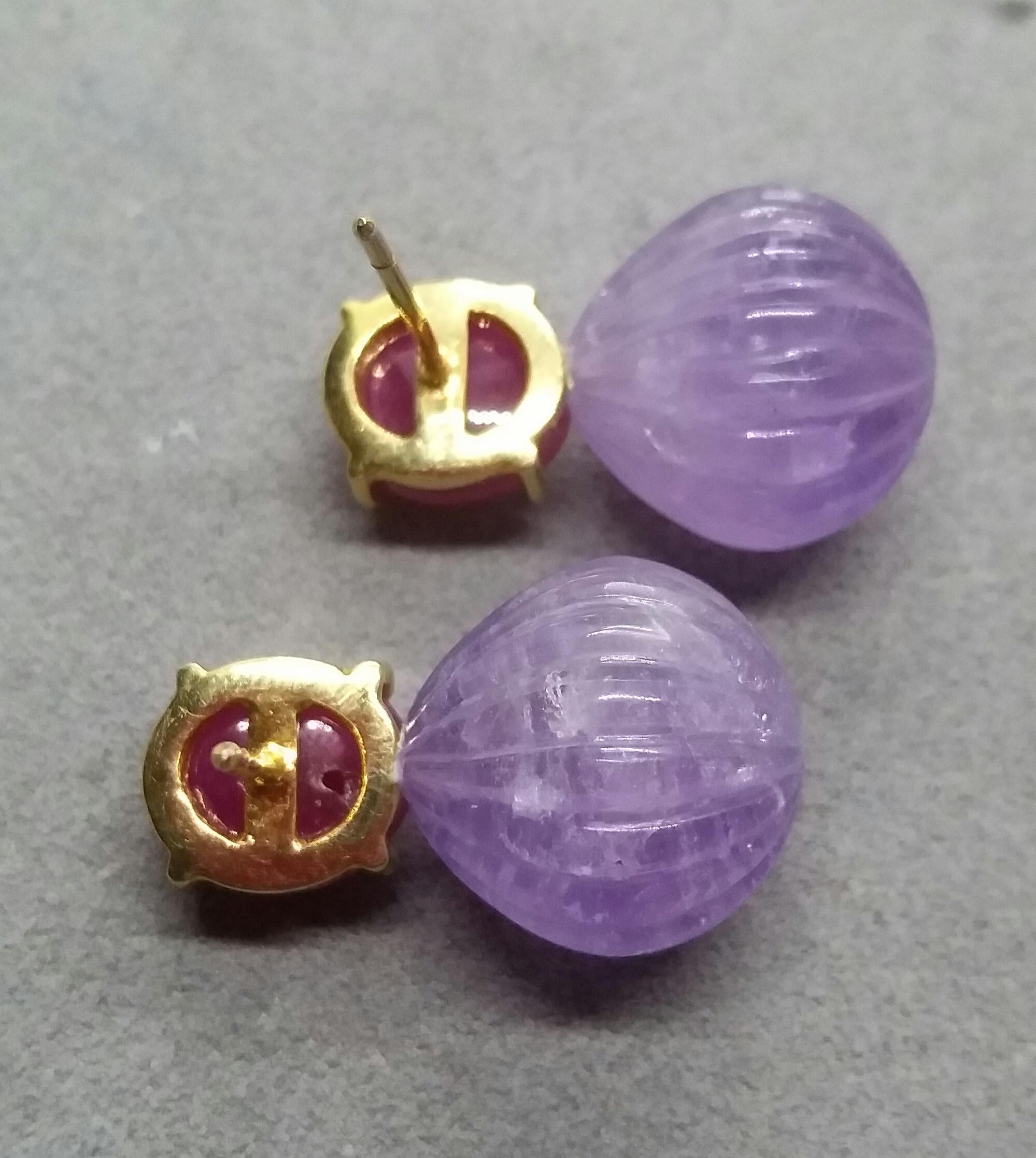 Carved Amethyst Round Drops Ruby Cabochons 14 Karat Solid Yellow Gold Earrings For Sale 2