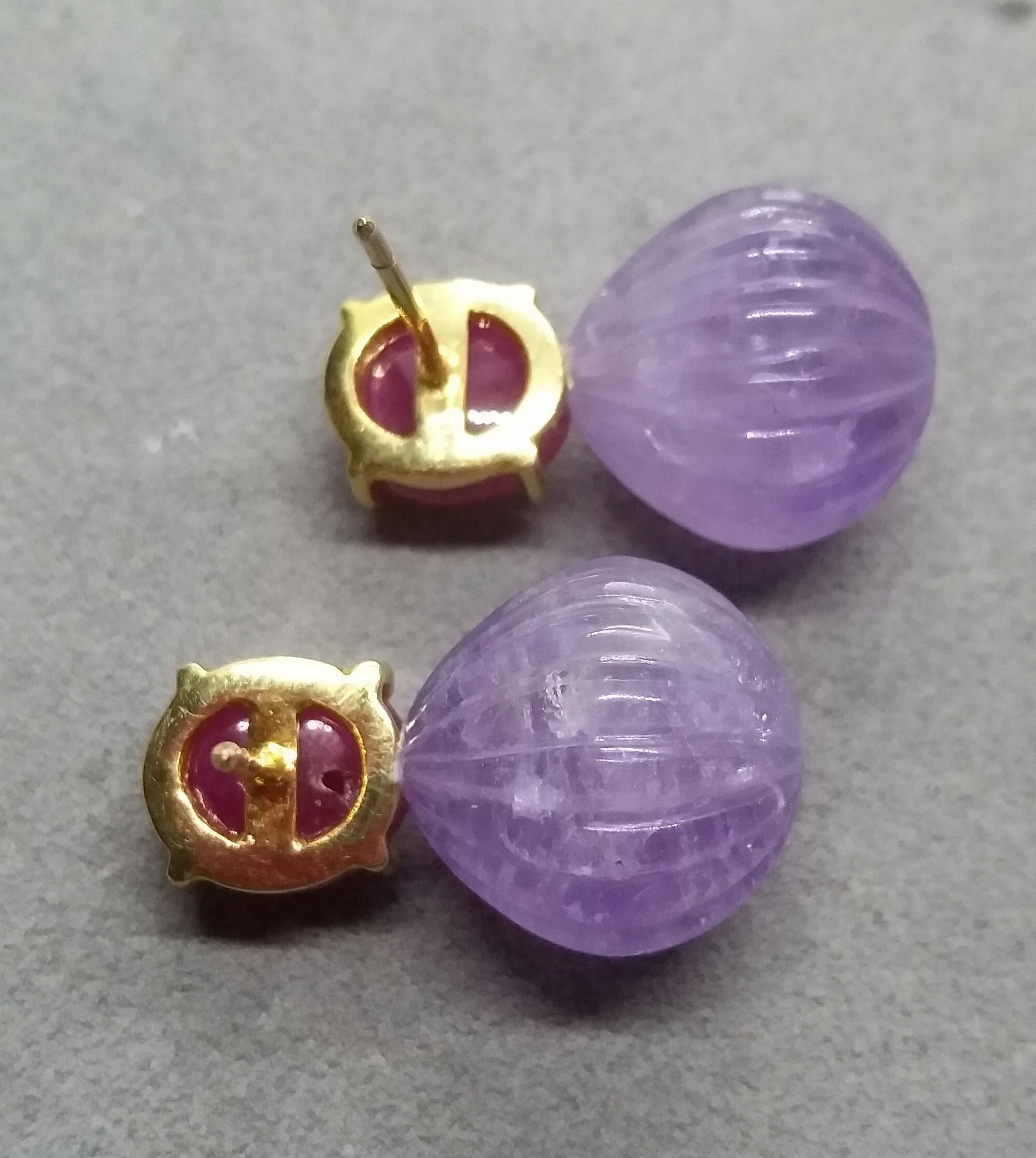 Carved Amethyst Round Drops Ruby Cabochons 14 Karat Solid Yellow Gold Earrings 2