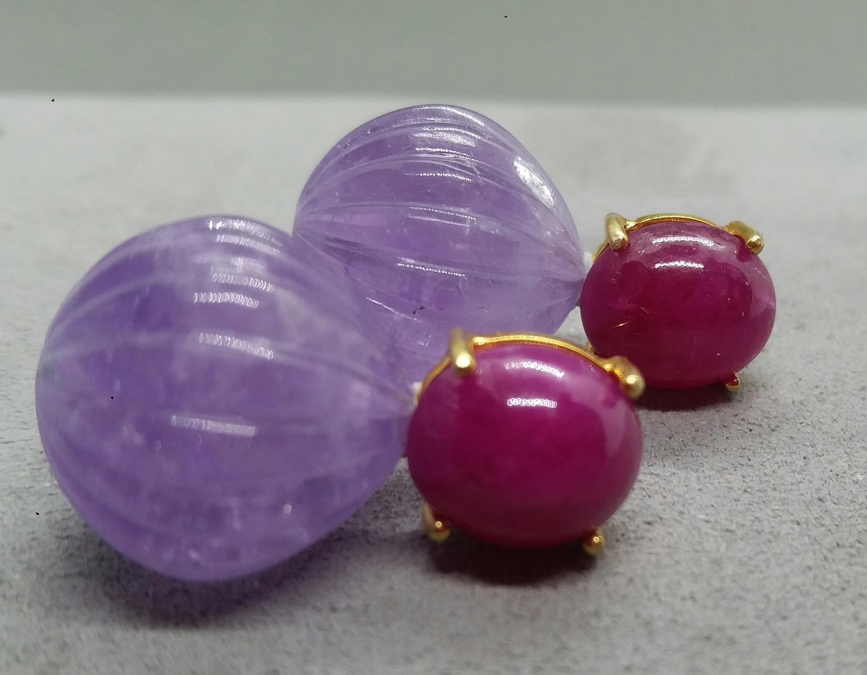 Carved Amethyst Round Drops Ruby Cabochons 14 Karat Solid Yellow Gold Earrings For Sale 3