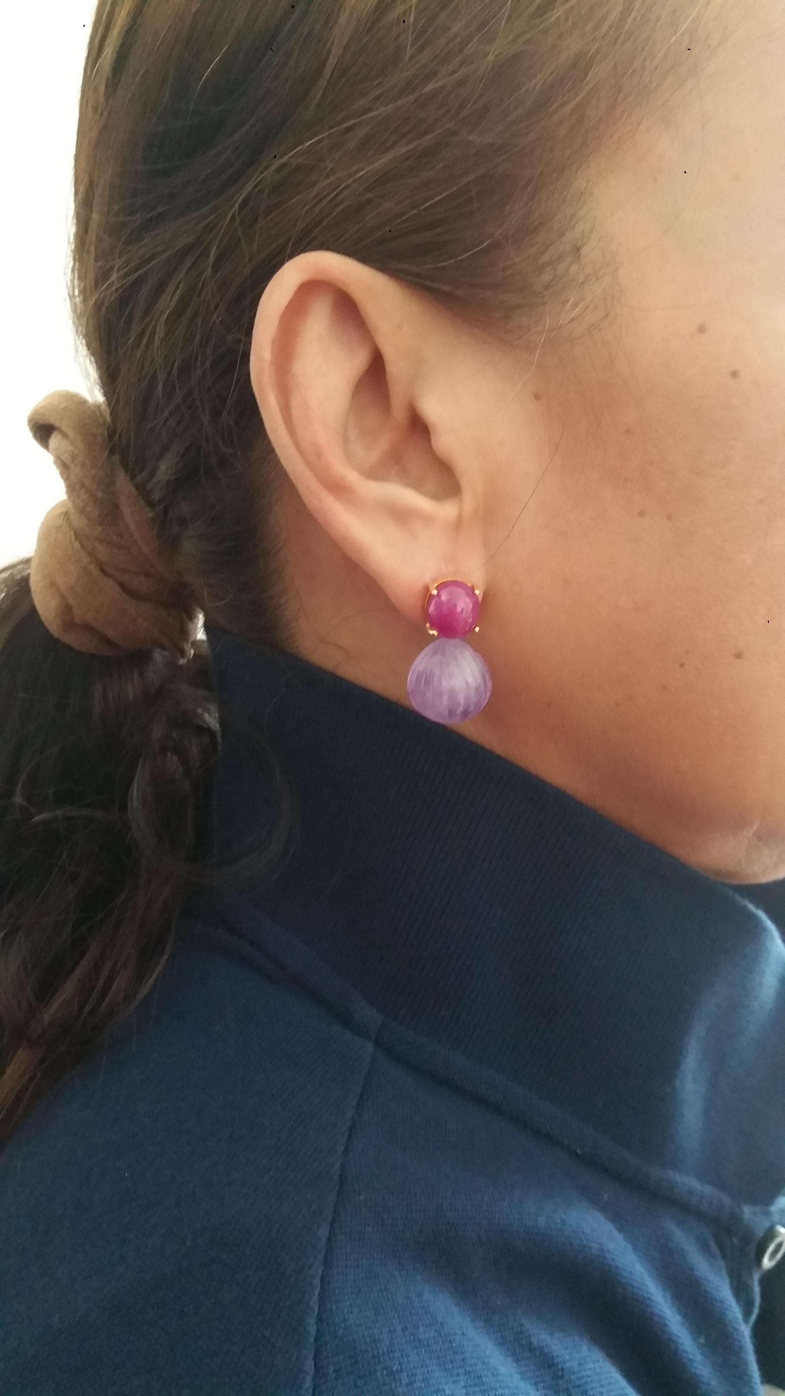 Carved Amethyst Round Drops Ruby Cabochons 14 Karat Solid Yellow Gold Earrings 4
