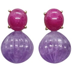 Carved Amethyst Round Drops Ruby Cabochons 14 Karat Solid Yellow Gold Earrings