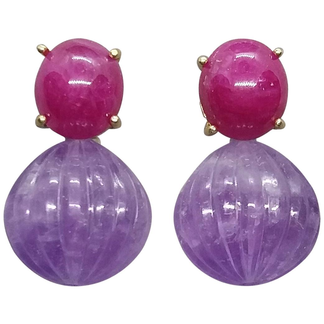 Carved Amethyst Round Drops Ruby Cabochons 14 Karat Solid Yellow Gold Earrings