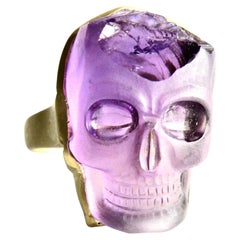 Carved Amethyst Skull Ring. 18k matte gold